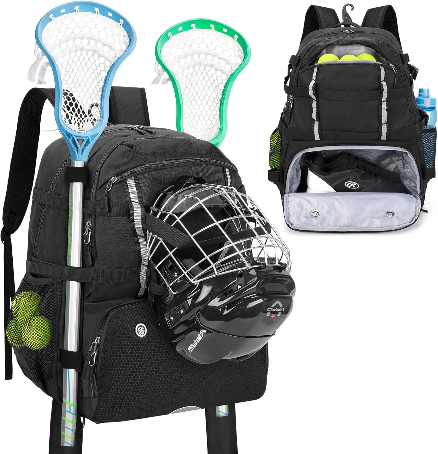 DSLEAF Lacrosse Bag With Stick Holder, Backpack With External Buckle Straps to Fix Helmet, Separate Shoe Space and Other Field Hockey Equipment (Patent Design)