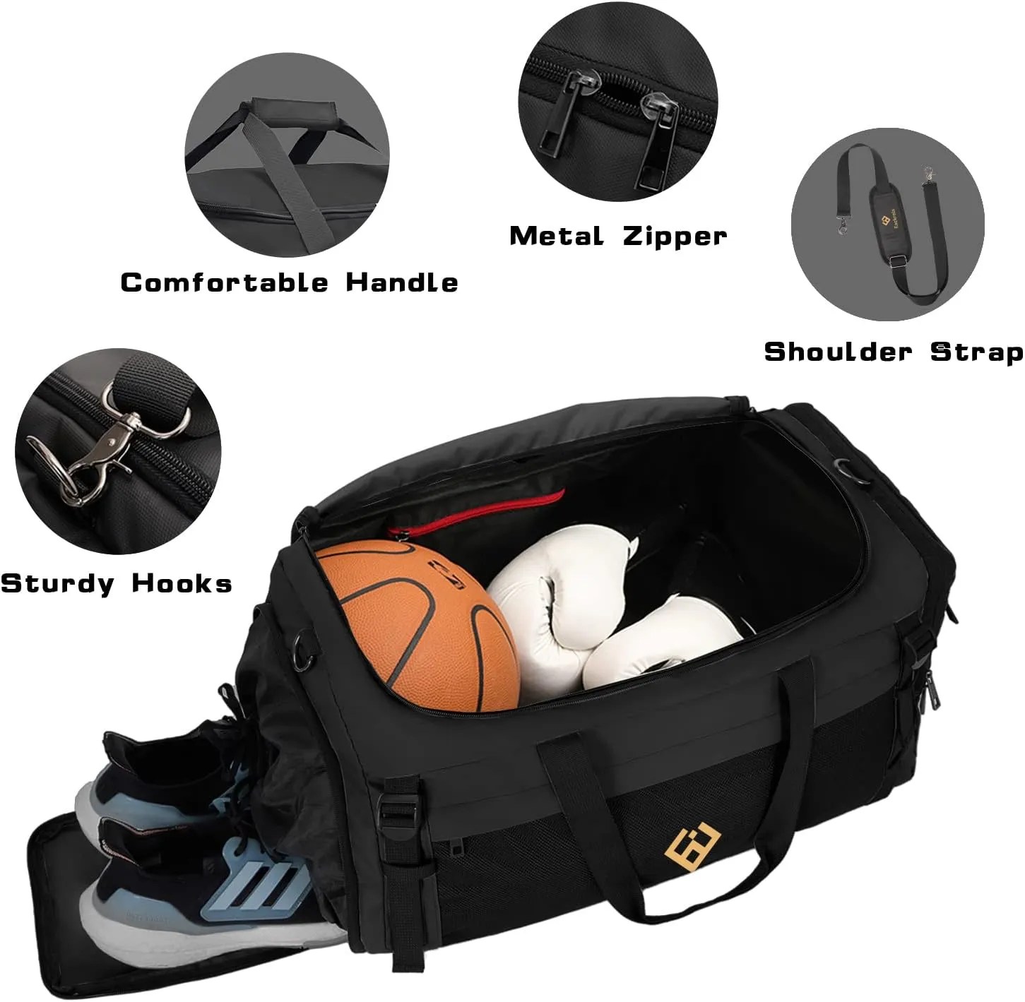 Eackrola Extra Large Sports Gym Bag, Travel Duffel bag with Wet Pocket & Shoes Compartment for men women, 85L, Lightweight （Black）