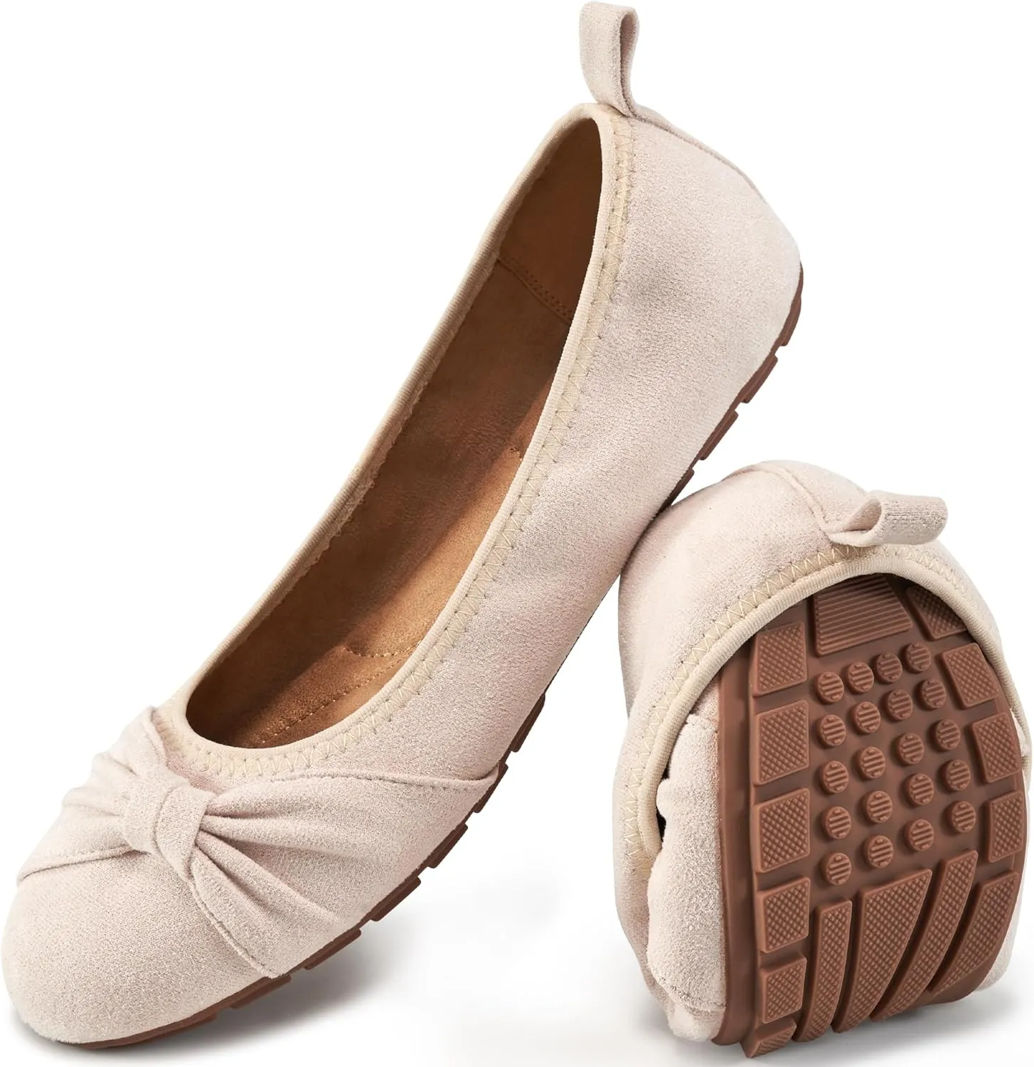 Ecetana Womens Flats Shoes Dressy: Round Toe Bowknot Suede Foldable Comfortable Casual Slip On Ballet Loafers
