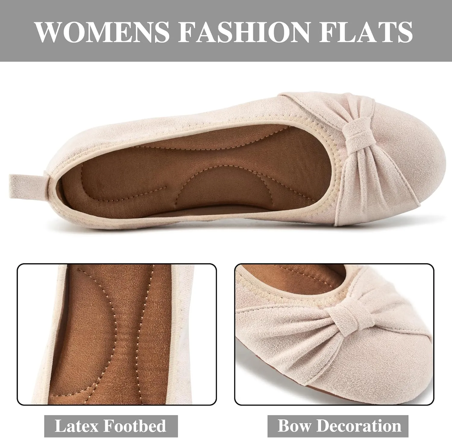 Ecetana Womens Flats Shoes Dressy: Round Toe Bowknot Suede Foldable Comfortable Casual Slip On Ballet Loafers