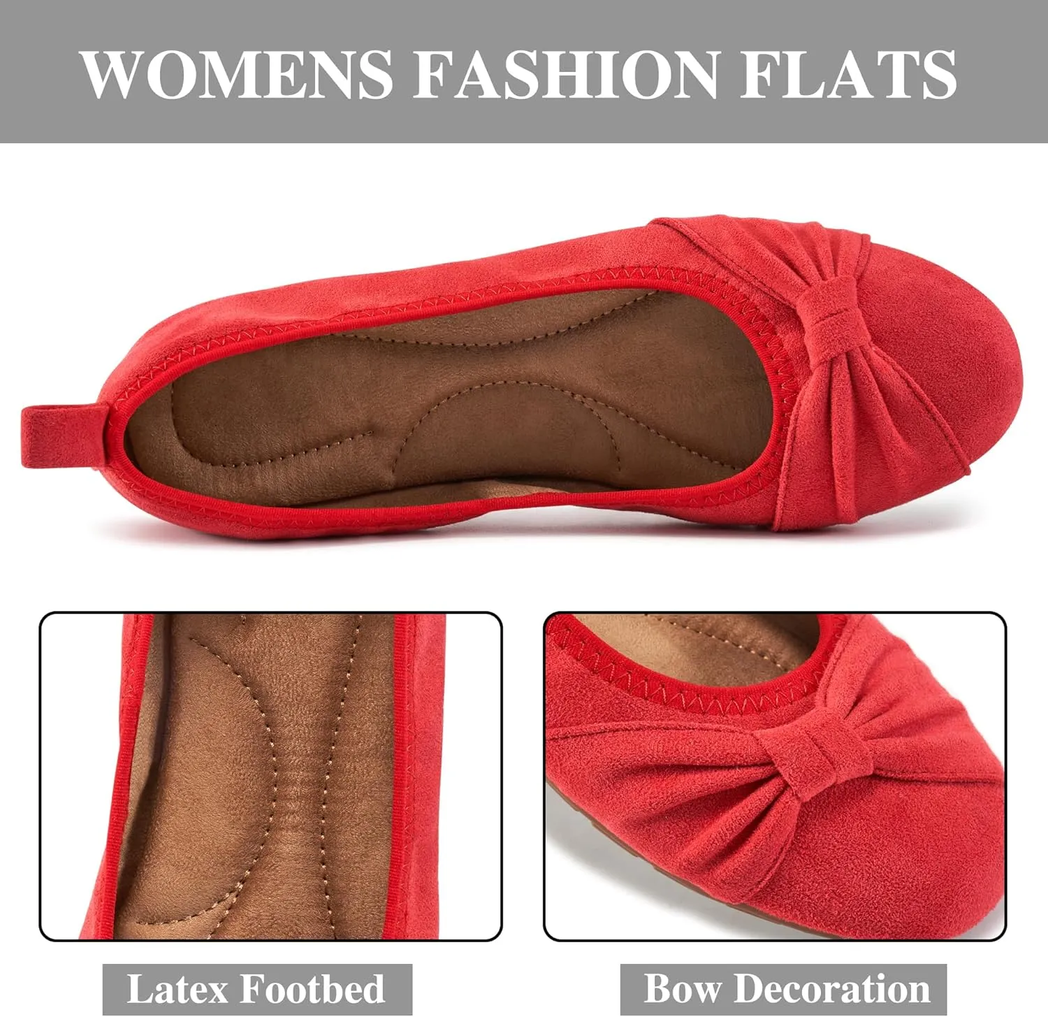 Ecetana Womens Flats Shoes Dressy: Round Toe Bowknot Suede Foldable Comfortable Casual Slip On Ballet Loafers