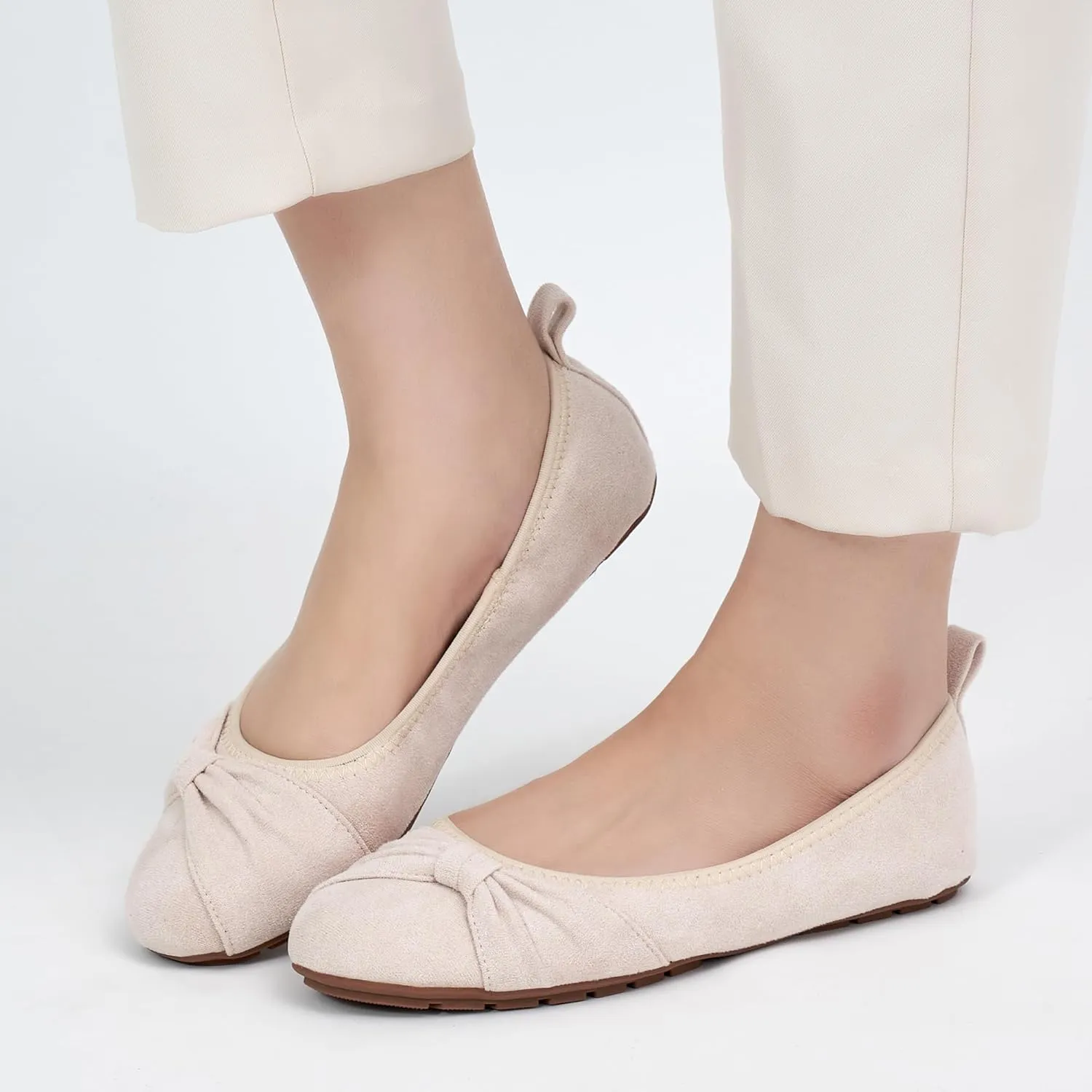 Ecetana Womens Flats Shoes Dressy: Round Toe Bowknot Suede Foldable Comfortable Casual Slip On Ballet Loafers