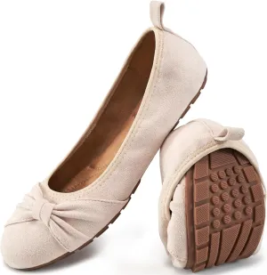 Ecetana Womens Flats Shoes Dressy: Round Toe Bowknot Suede Foldable Comfortable Casual Slip On Ballet Loafers