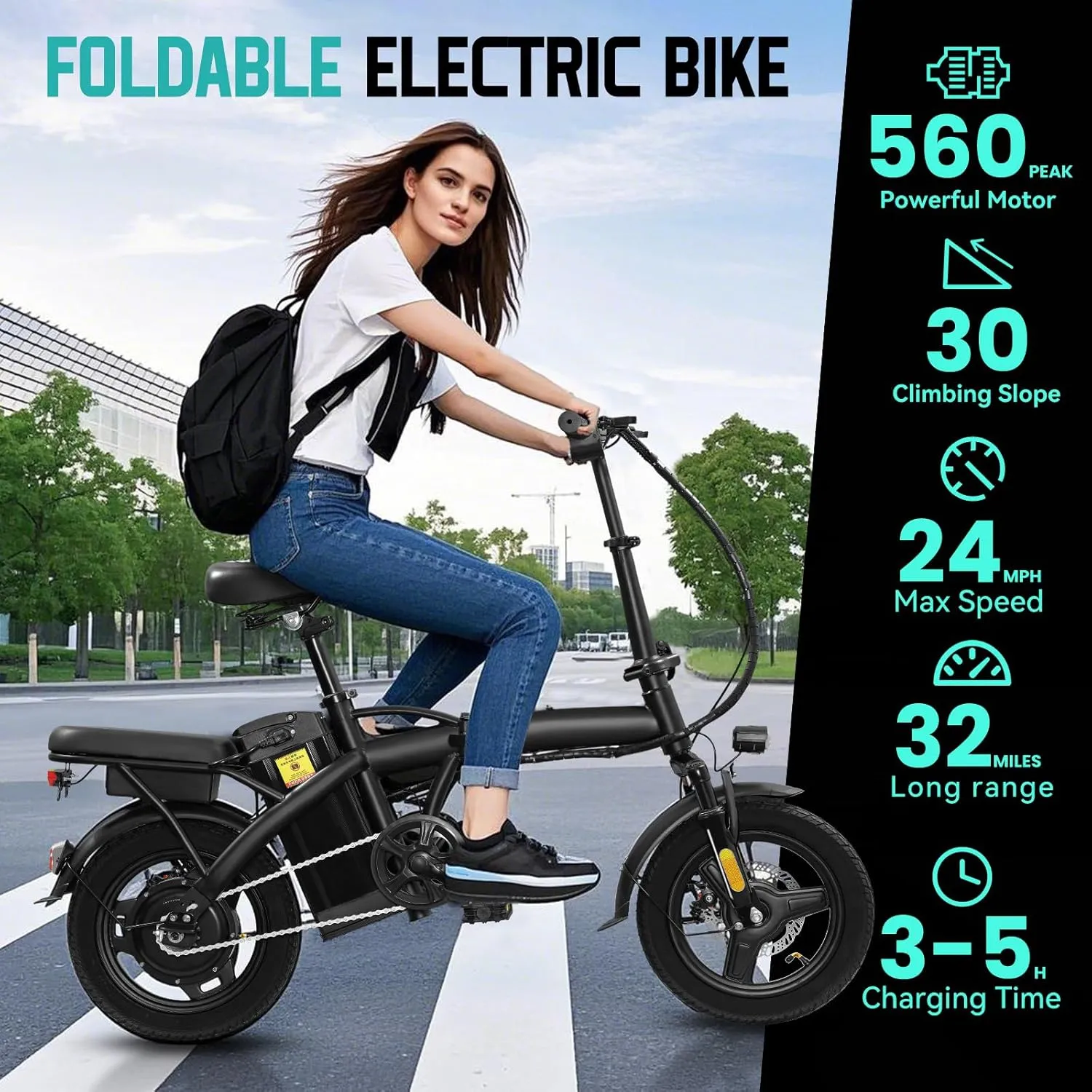 Electric Bike for Adults Teens, Commuter City Foldable ebike with 560W Motor and 48V Battery, 24MPH 3-Level Assist, Dual Disc Brakes,14" Compact Folding Electric bicycle with UL 2849 Certified
