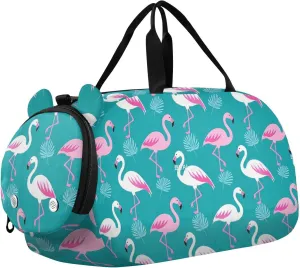 Elegant Animal Flamingo Peach Cyan Kids Duffel Bag with Shoes Compartment Lightweight Weekender Overnight Duffel Bag for Travel, Swimming, Dance, Ballet bolso viajero