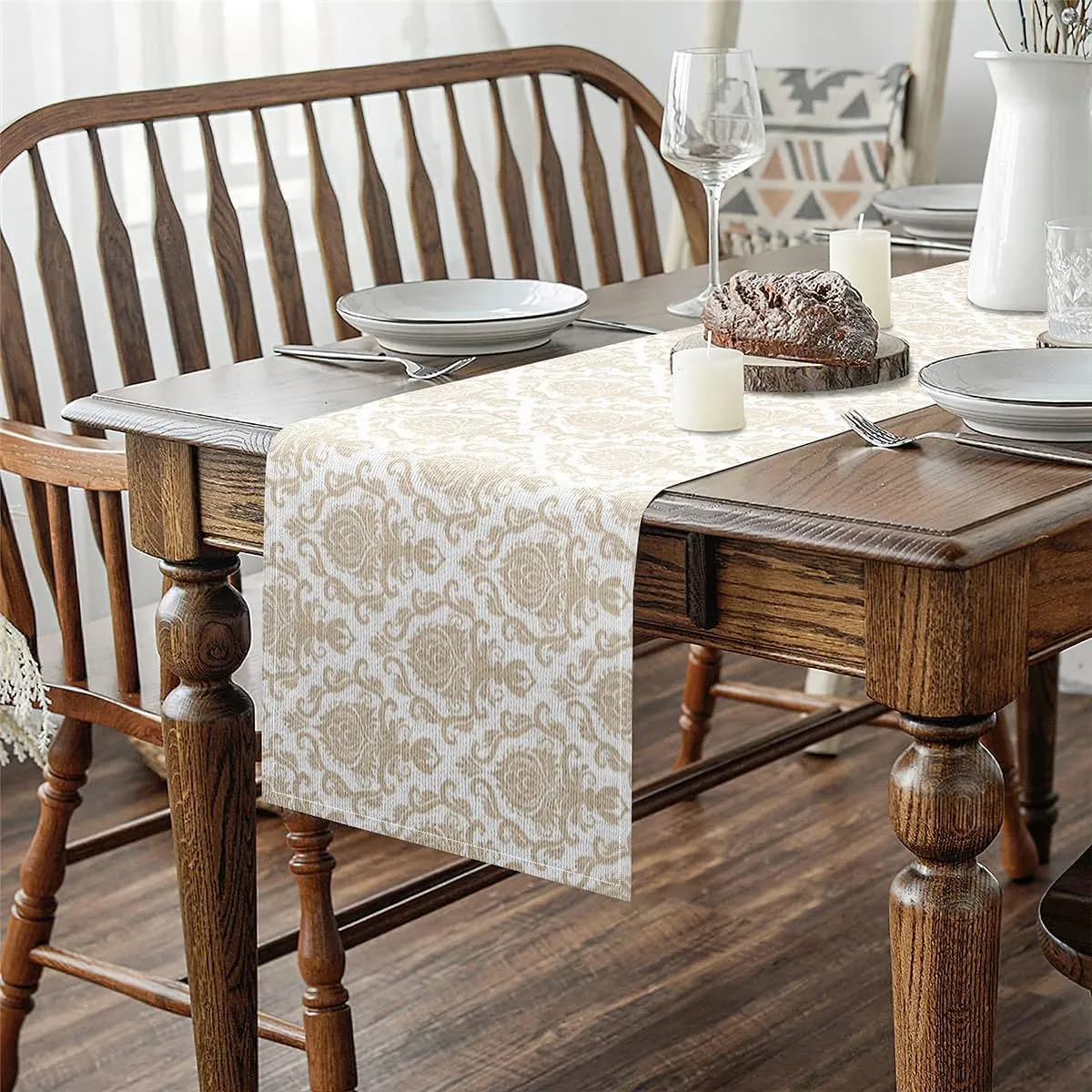 Erosebridal Damask Table Runner Vintage Style Classical Rectangular Runner 13x60 Boho Baroque European Floral Table Runners for Dining Living Room Bedroom Brown