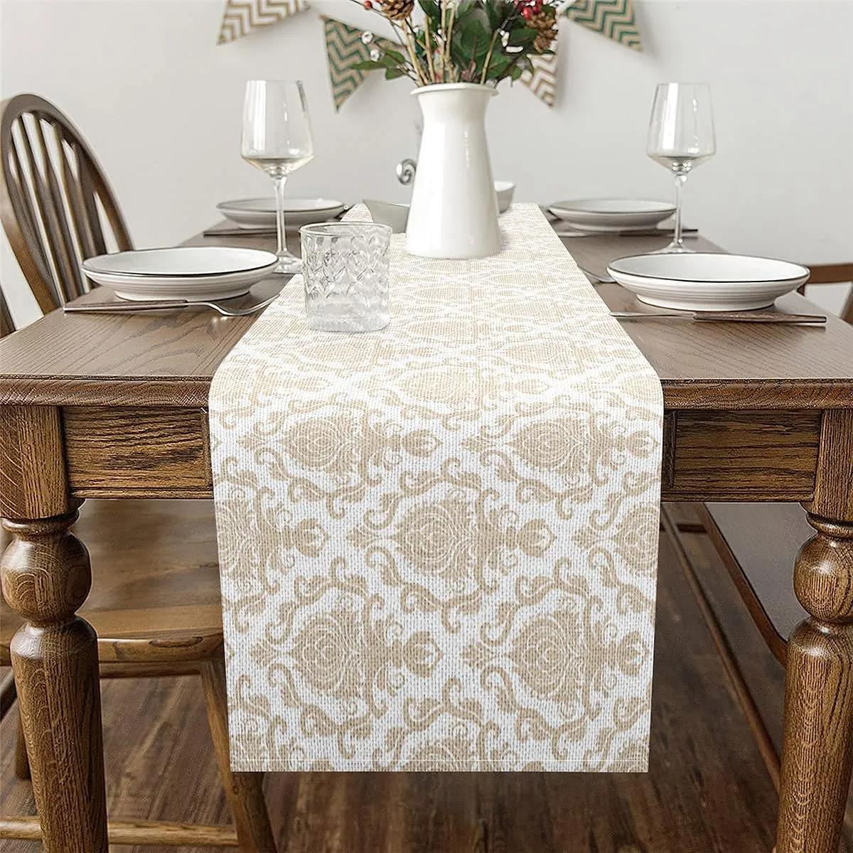 Erosebridal Damask Table Runner Vintage Style Classical Rectangular Runner 13x60 Boho Baroque European Floral Table Runners for Dining Living Room Bedroom Brown