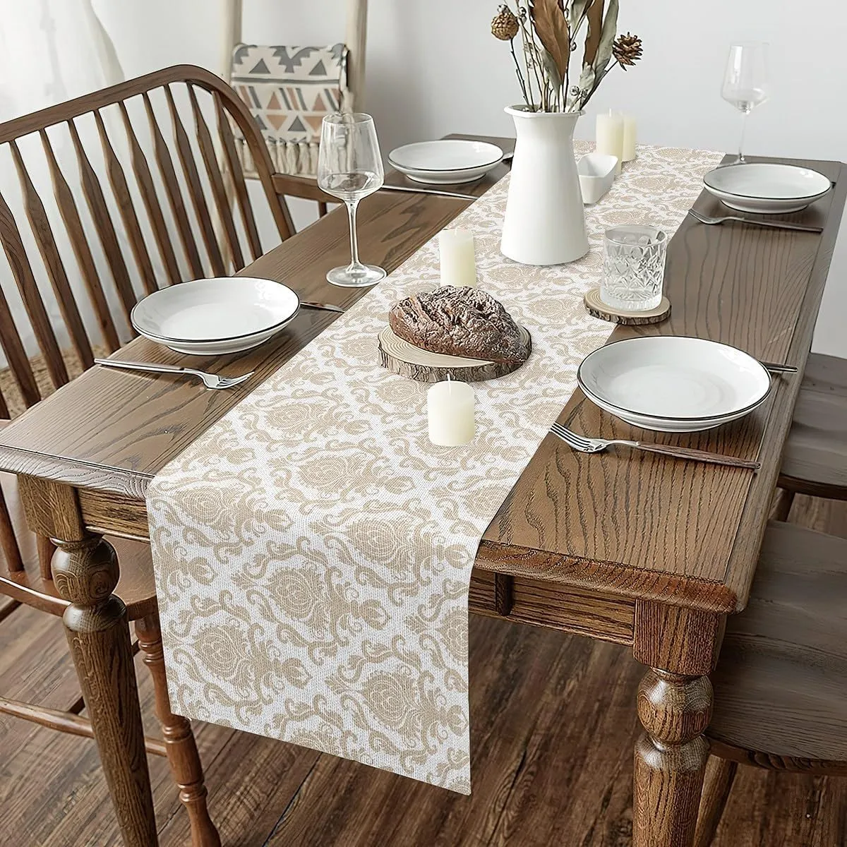 Erosebridal Damask Table Runner Vintage Style Classical Rectangular Runner 13x60 Boho Baroque European Floral Table Runners for Dining Living Room Bedroom Brown