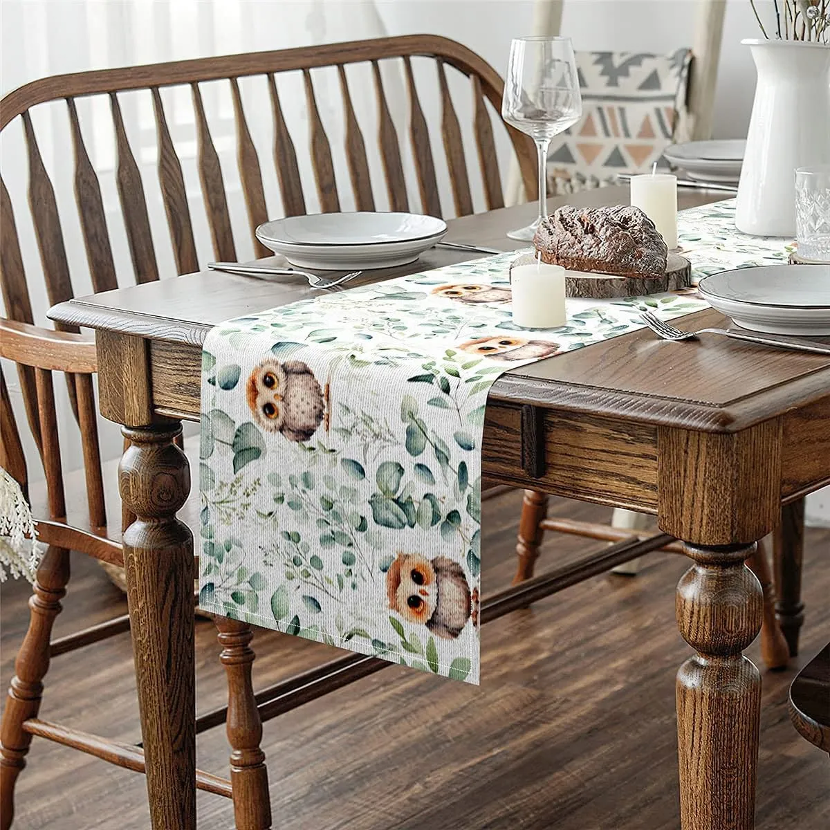 Erosebridal Owl Table Runners,Cartoon Bird Table Runner,Jungle Wildlife Rectangular Runner 13X72,Botanical Green Eucalyptus Dresser Runners