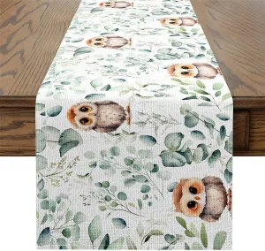 Erosebridal Owl Table Runners,Cartoon Bird Table Runner,Jungle Wildlife Rectangular Runner 13X72,Botanical Green Eucalyptus Dresser Runners