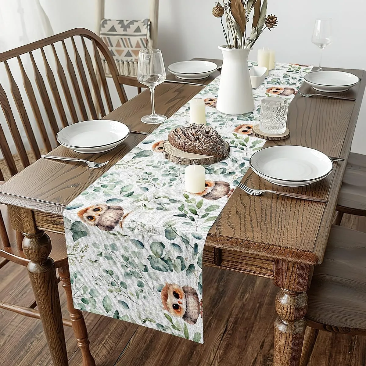 Erosebridal Owl Table Runners,Cartoon Bird Table Runner,Jungle Wildlife Rectangular Runner 13X72,Botanical Green Eucalyptus Dresser Runners
