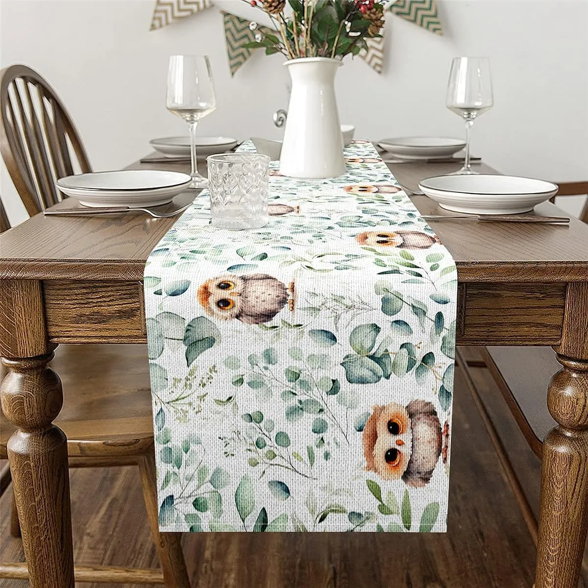 Erosebridal Owl Table Runners,Cartoon Bird Table Runner,Jungle Wildlife Rectangular Runner 13X72,Botanical Green Eucalyptus Dresser Runners