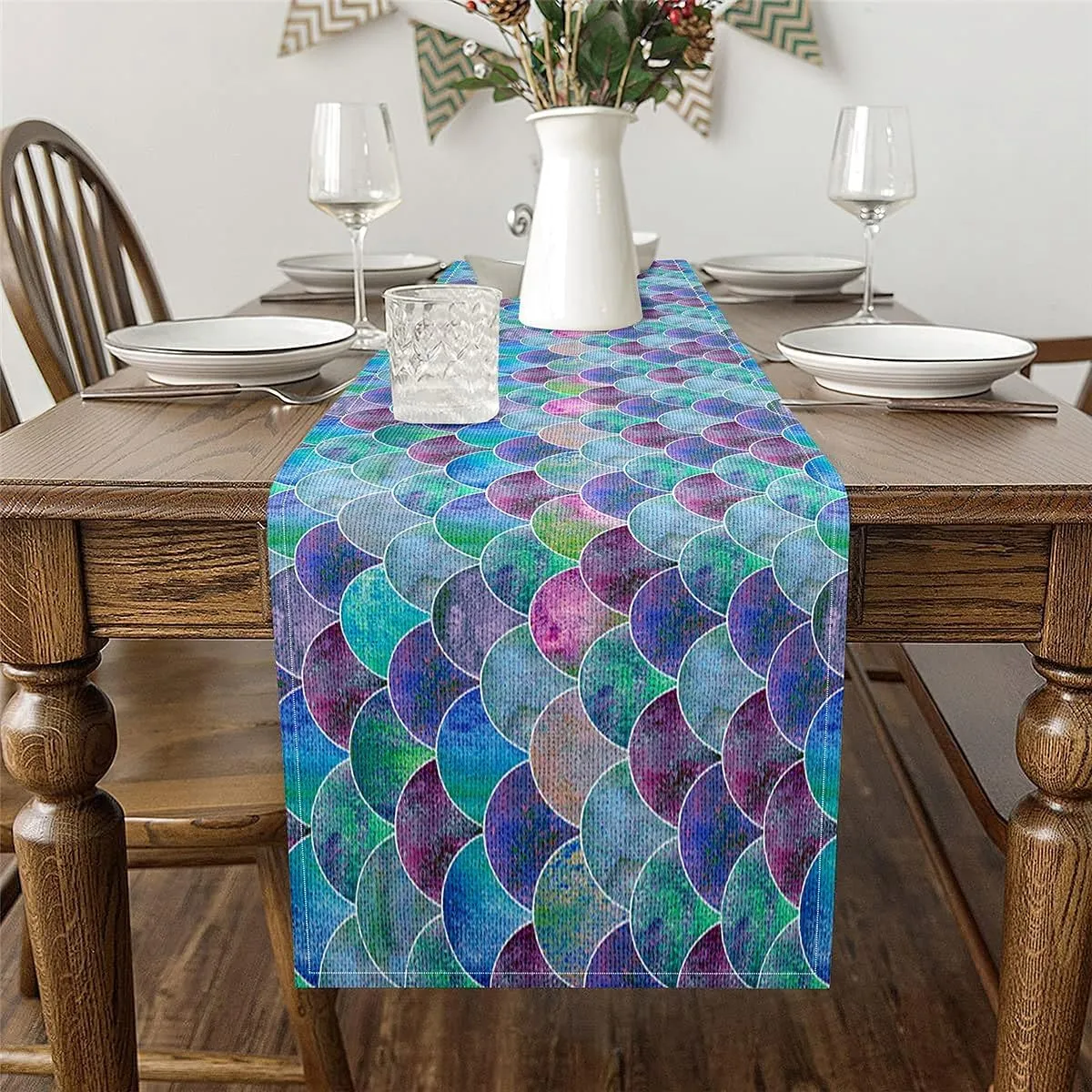 Erosebridal Sea Mermaid Scale Rectangular Runner, Ocean Fish Scales Table Runner 13x90, Marine Life Sealife Purple Green Ombre Table Runners for Dining Room Kitchen Table Setting Decor