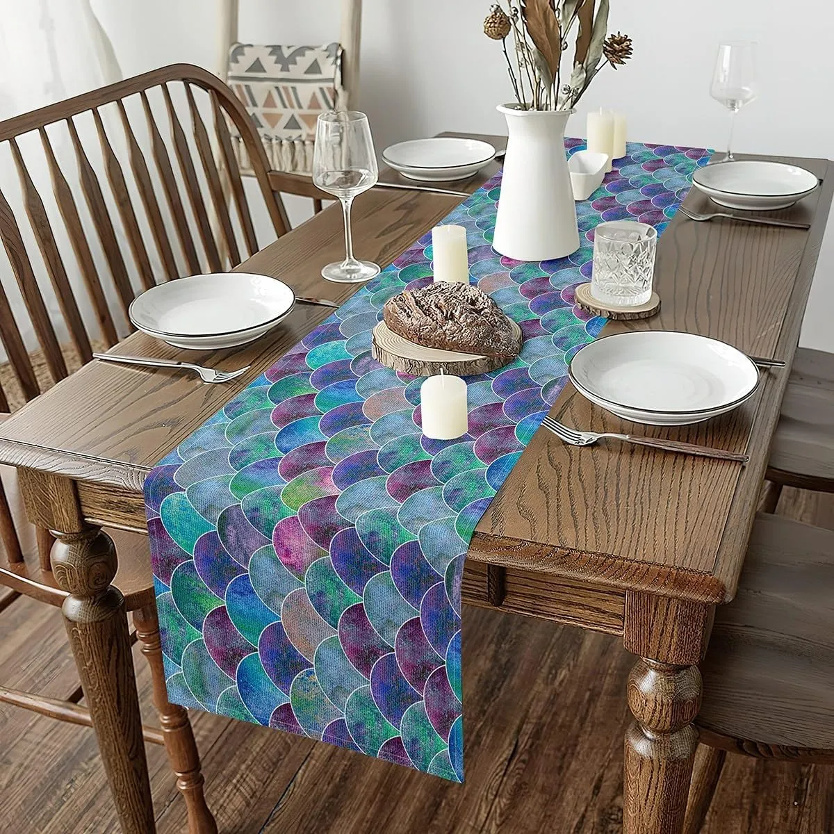 Erosebridal Sea Mermaid Scale Rectangular Runner, Ocean Fish Scales Table Runner 13x90, Marine Life Sealife Purple Green Ombre Table Runners for Dining Room Kitchen Table Setting Decor