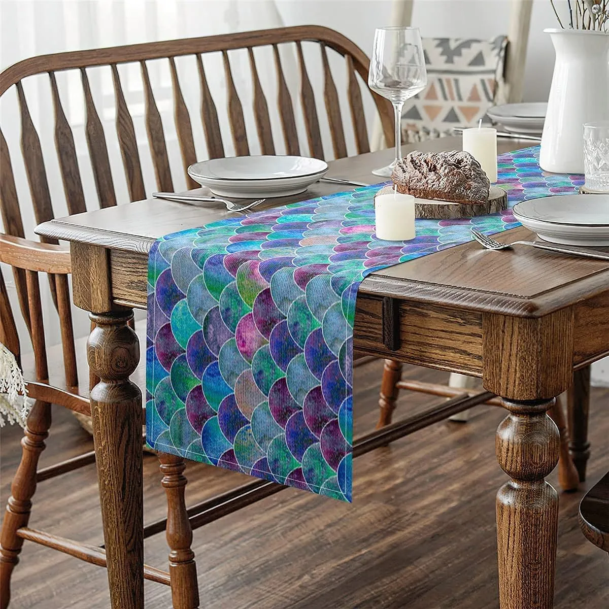 Erosebridal Sea Mermaid Scale Rectangular Runner, Ocean Fish Scales Table Runner 13x90, Marine Life Sealife Purple Green Ombre Table Runners for Dining Room Kitchen Table Setting Decor