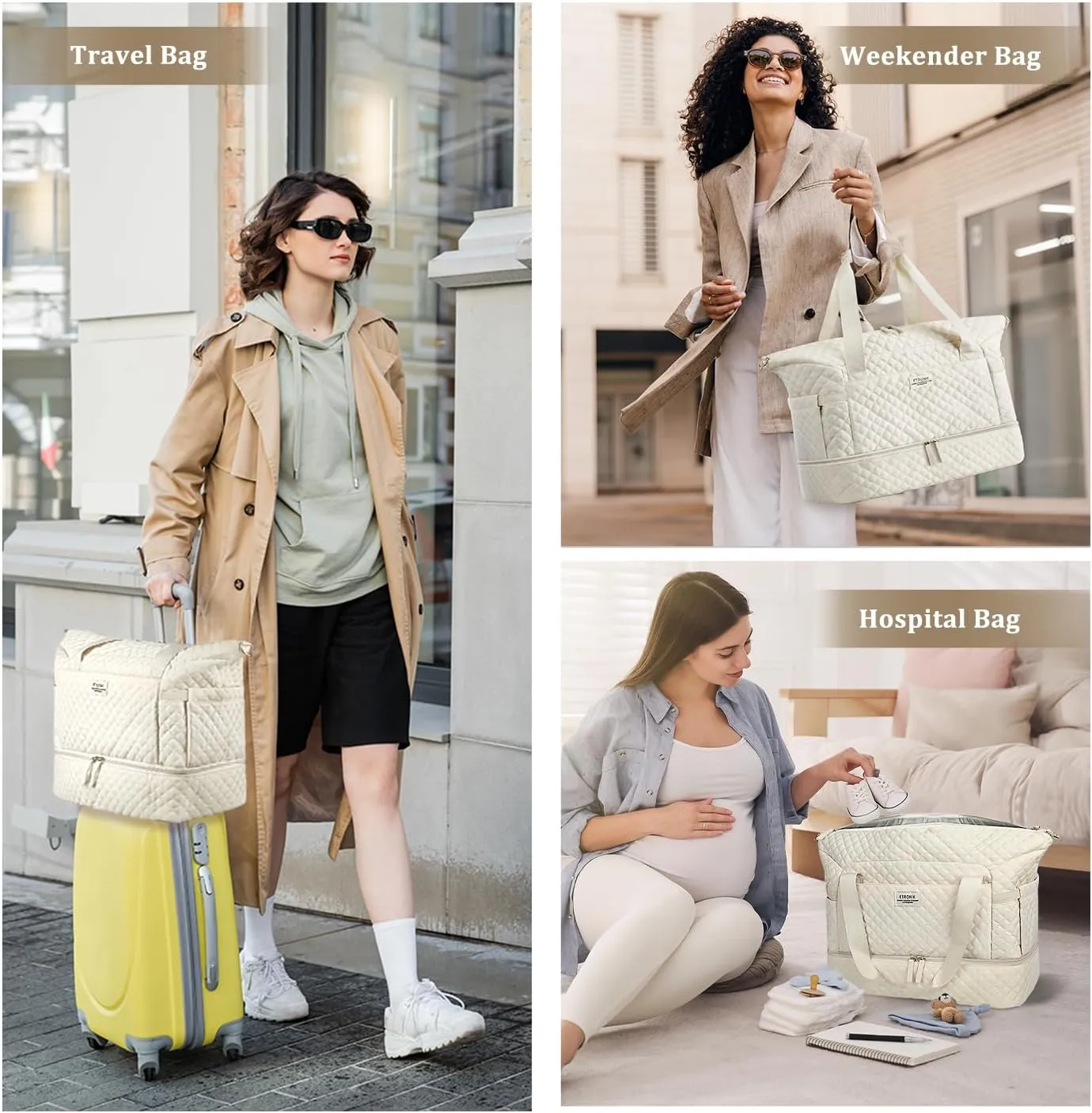 ETRONIK Travel Bag for Women, 48L Gym Duffel Bag with Shoes Compartment, Weekender Overnight Bag with Wet Pocket for Women Travel Gym Daily Use, Large Size (Beige)