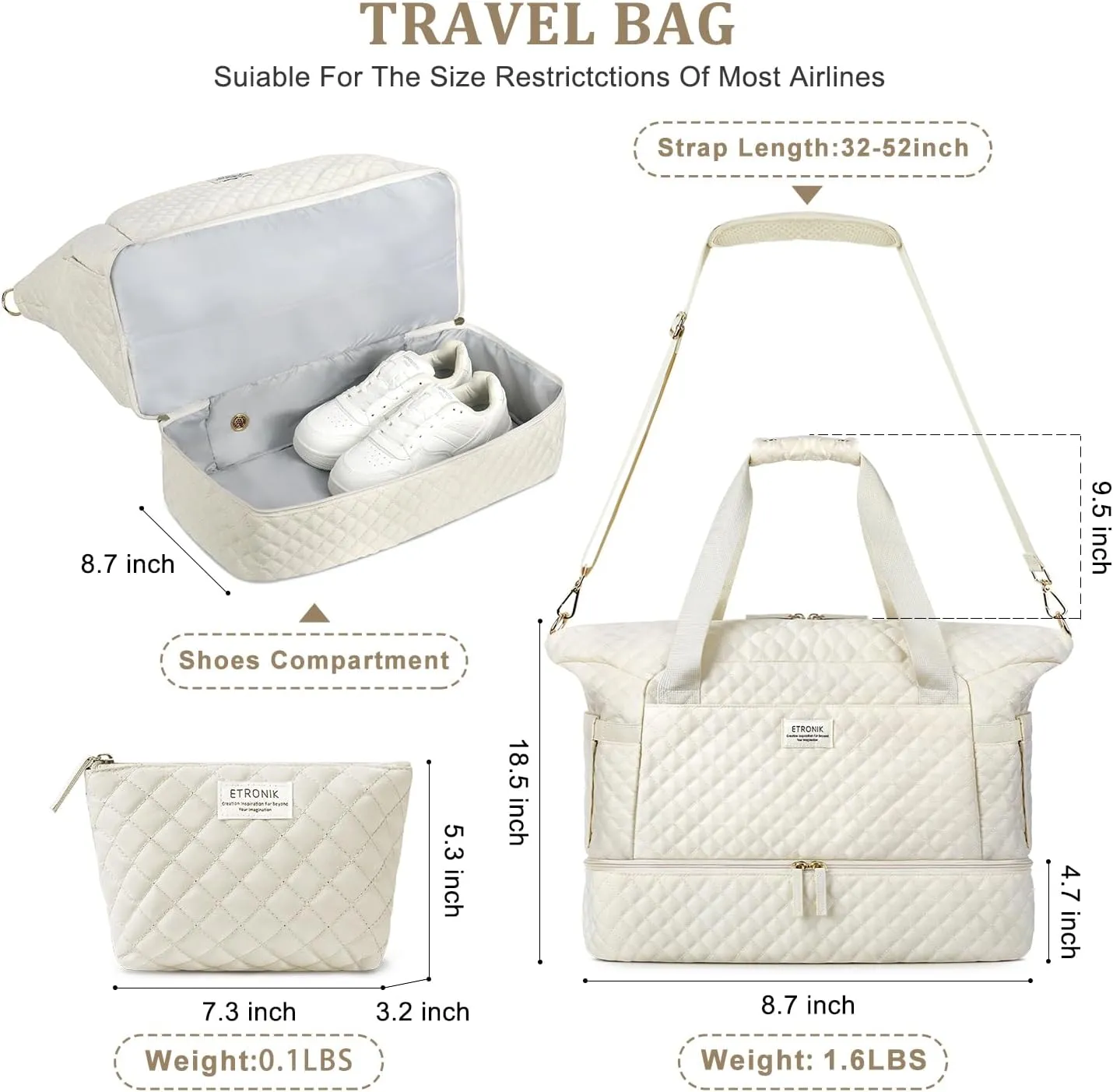 ETRONIK Travel Bag for Women, 48L Gym Duffel Bag with Shoes Compartment, Weekender Overnight Bag with Wet Pocket for Women Travel Gym Daily Use, Large Size (Beige)