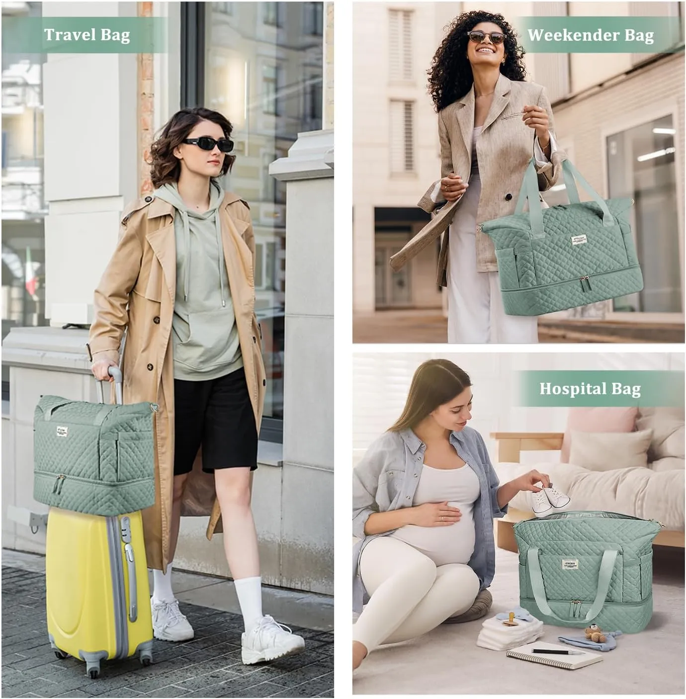 ETRONIK Travel Bag for Women, Gym Duffel Bag with Shoes Compartment, Weekender Overnight Bag with Wet Pocket for Women Travel Gym Daily Use (Green)