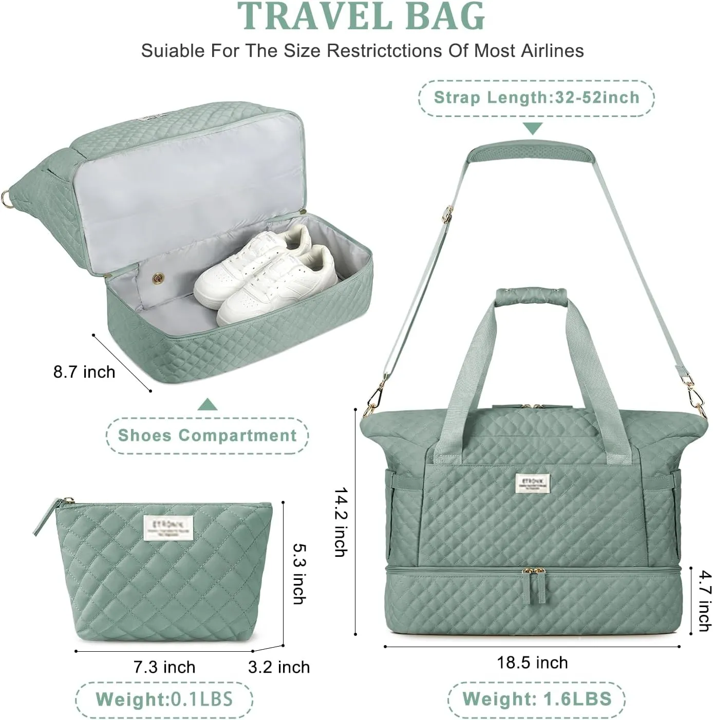 ETRONIK Travel Bag for Women, Gym Duffel Bag with Shoes Compartment, Weekender Overnight Bag with Wet Pocket for Women Travel Gym Daily Use (Green)