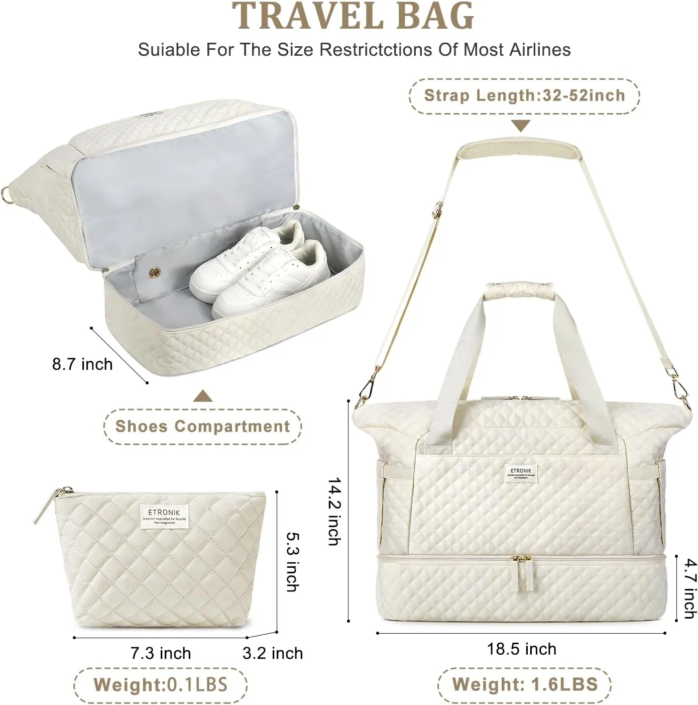 ETRONIK Travel Bag, Weekender Bags for Women, Personal Item Travel Bag with Wet Pocket, Duffel Bag for Travel with Shoes Compartment, 37L Hospital Bag for Labor and Delivery (Beige)