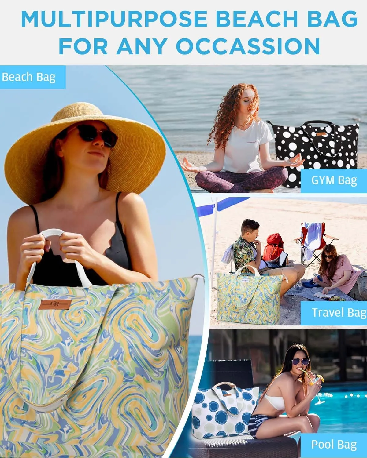 Extra Large Beach Bag for Women - Waterproof Sandproof Over-Size Carry On Beach Tote with 5 Pockets Gifts for Women