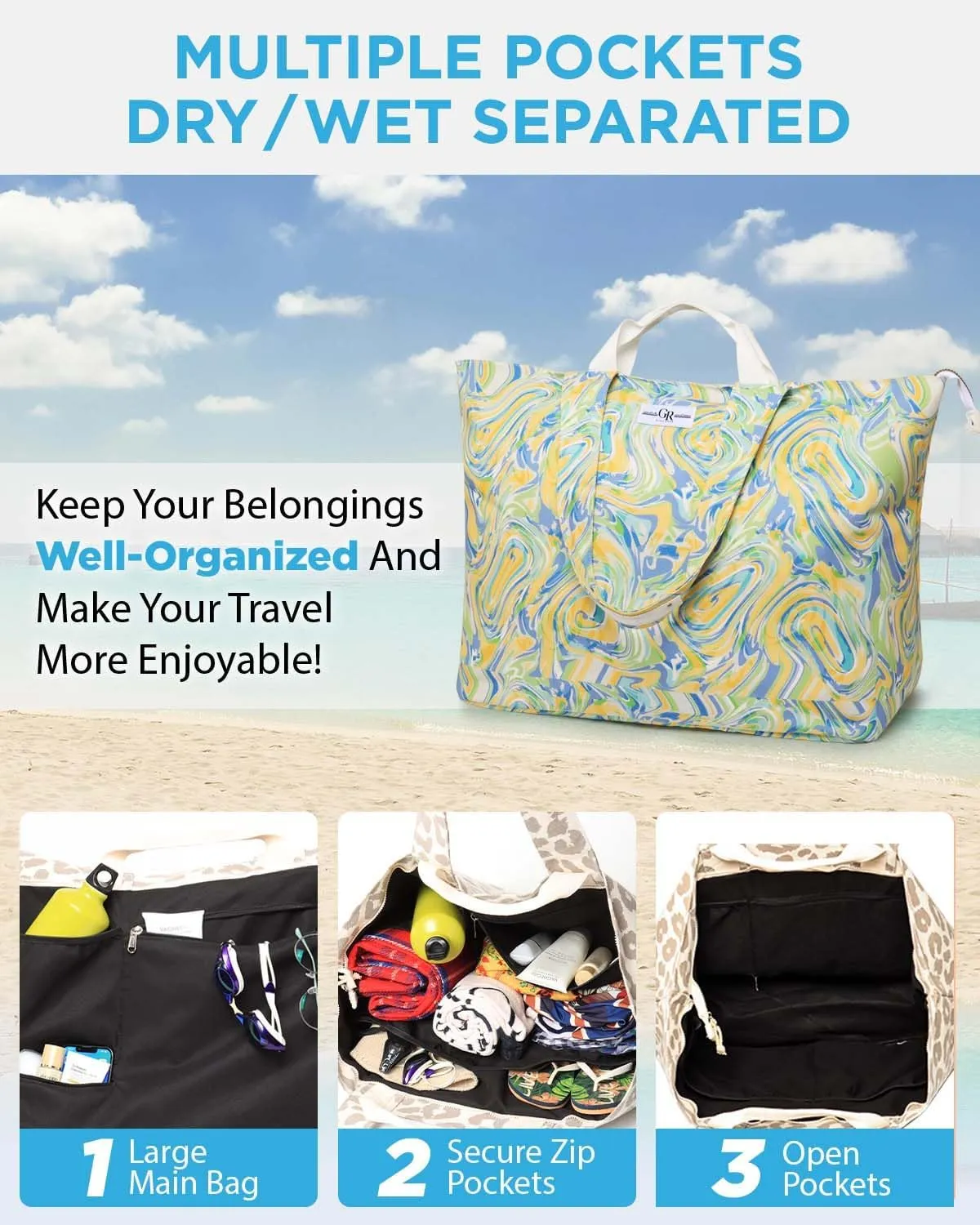 Extra Large Beach Bag for Women - Waterproof Sandproof Over-Size Carry On Beach Tote with 5 Pockets Gifts for Women