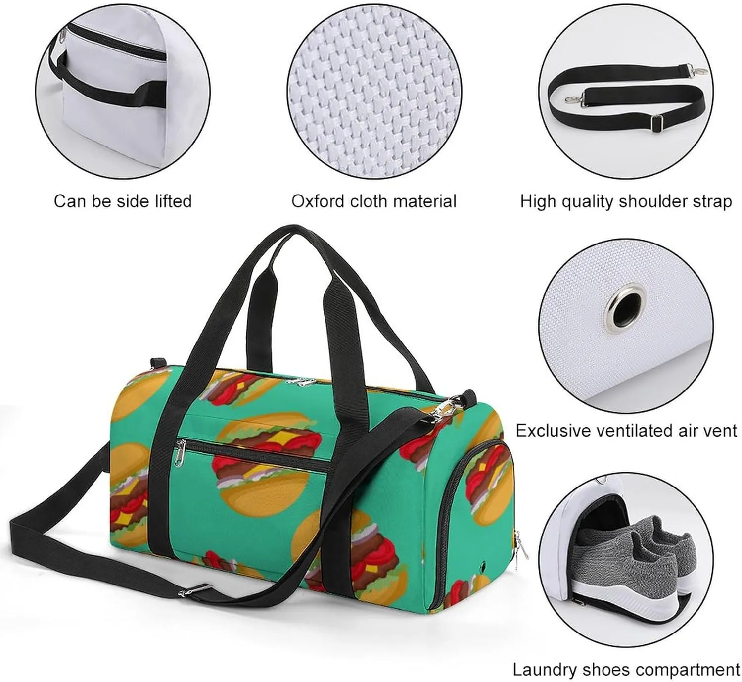 Fast Food of Hamburgers Fitness Large Gym Bag for Unisex with Shoe Compartment & Wet Pocket