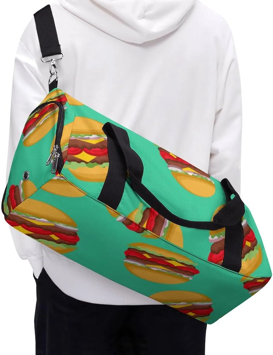 Fast Food of Hamburgers Fitness Large Gym Bag for Unisex with Shoe Compartment & Wet Pocket