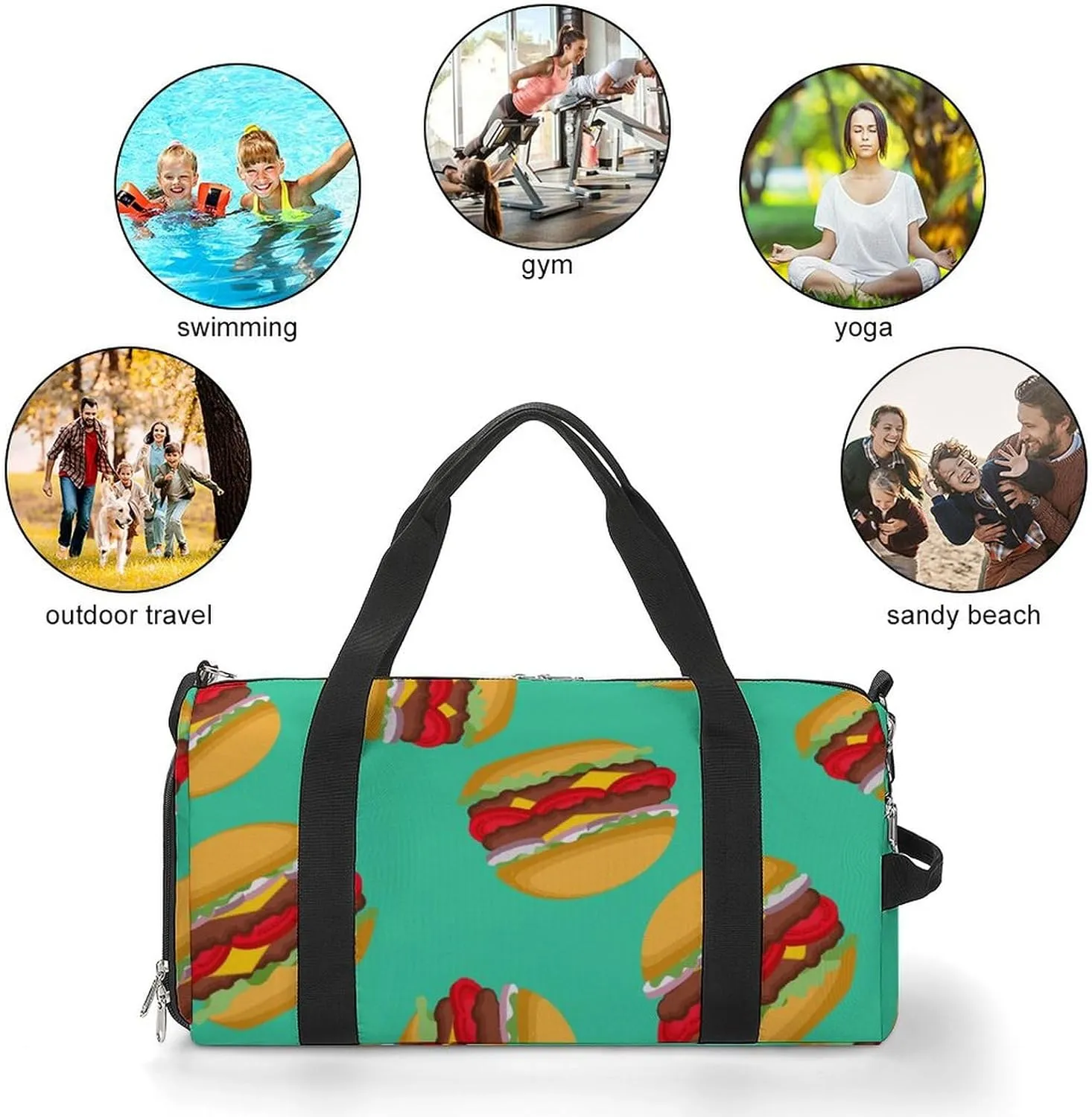 Fast Food of Hamburgers Fitness Large Gym Bag for Unisex with Shoe Compartment & Wet Pocket