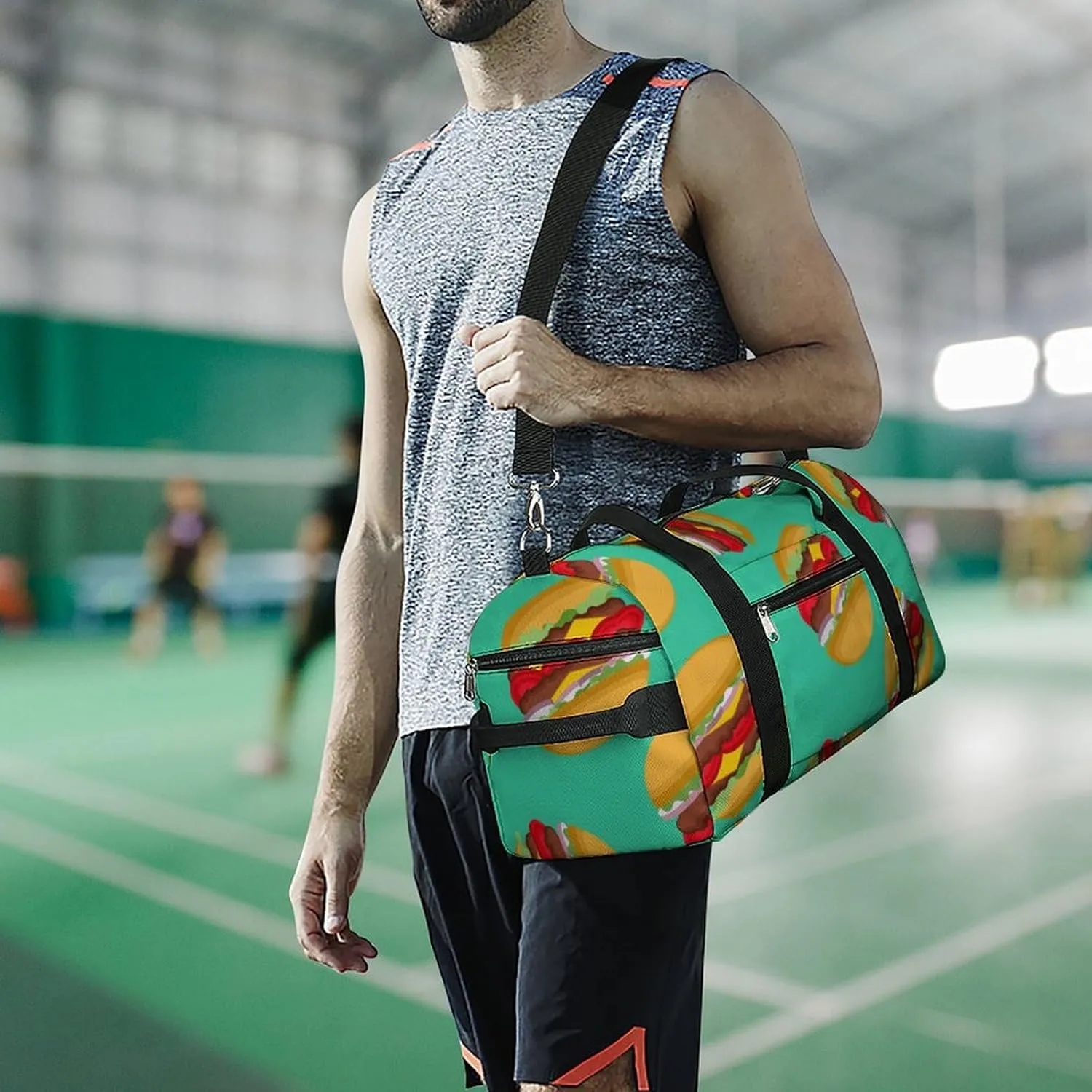 Fast Food of Hamburgers Fitness Large Gym Bag for Unisex with Shoe Compartment & Wet Pocket