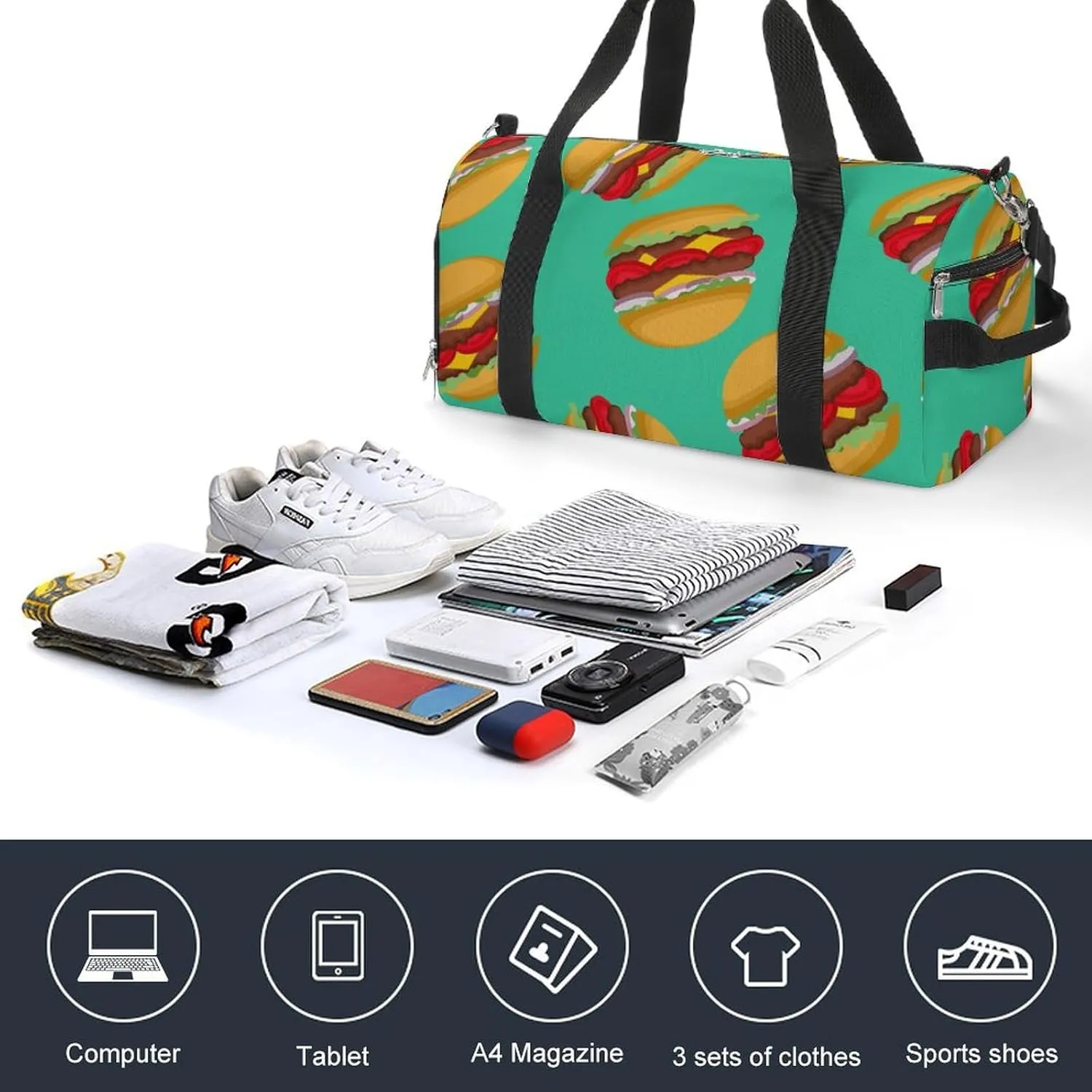 Fast Food of Hamburgers Fitness Large Gym Bag for Unisex with Shoe Compartment & Wet Pocket