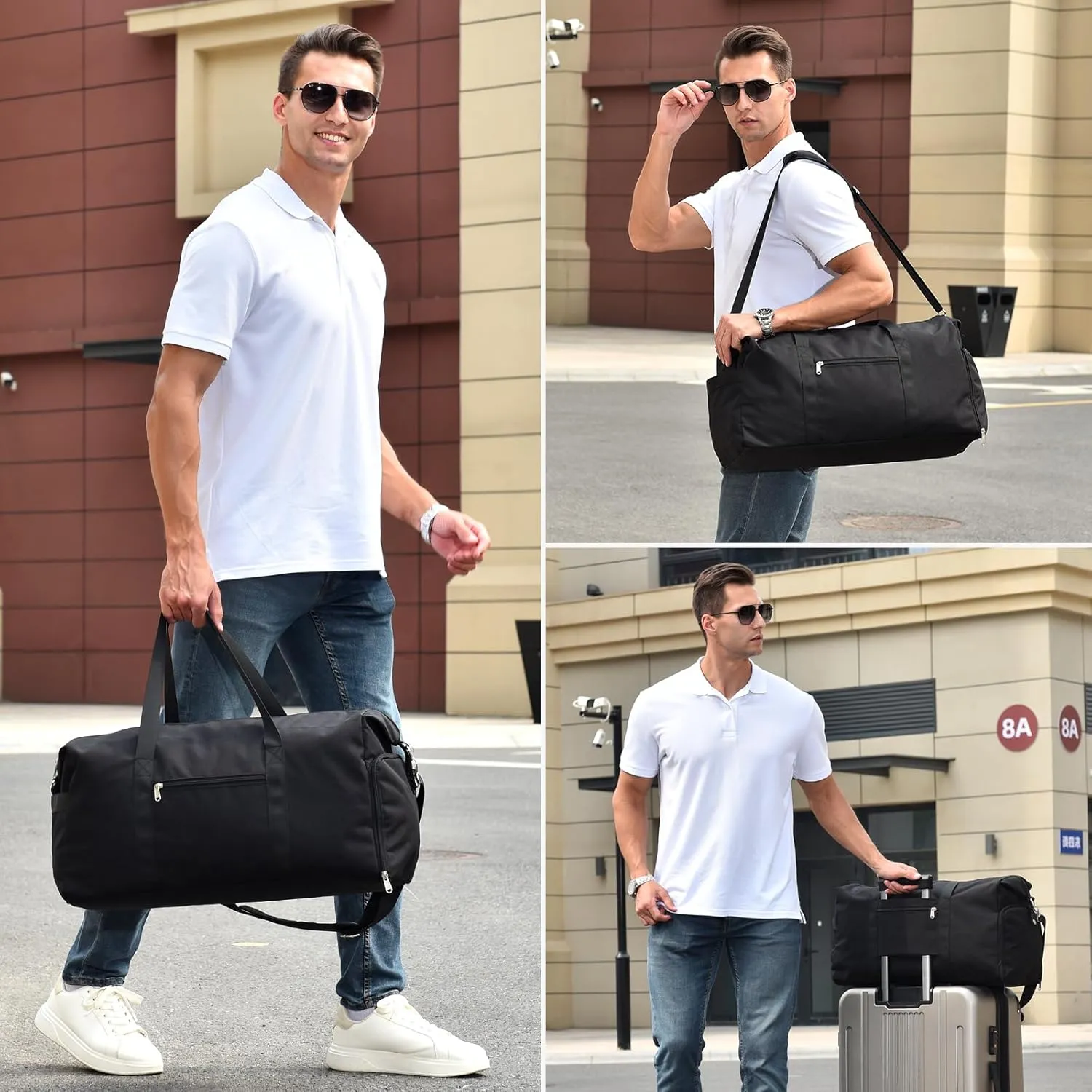 Felipe Varela Carry on luaggage 22x14x9 Airlines Approved, Foldable Carry on Bag Travel Duffel Bags Small Overnight weekender Gym Duffle Bag with Wet Pocket for Women Men (Black, 40L)