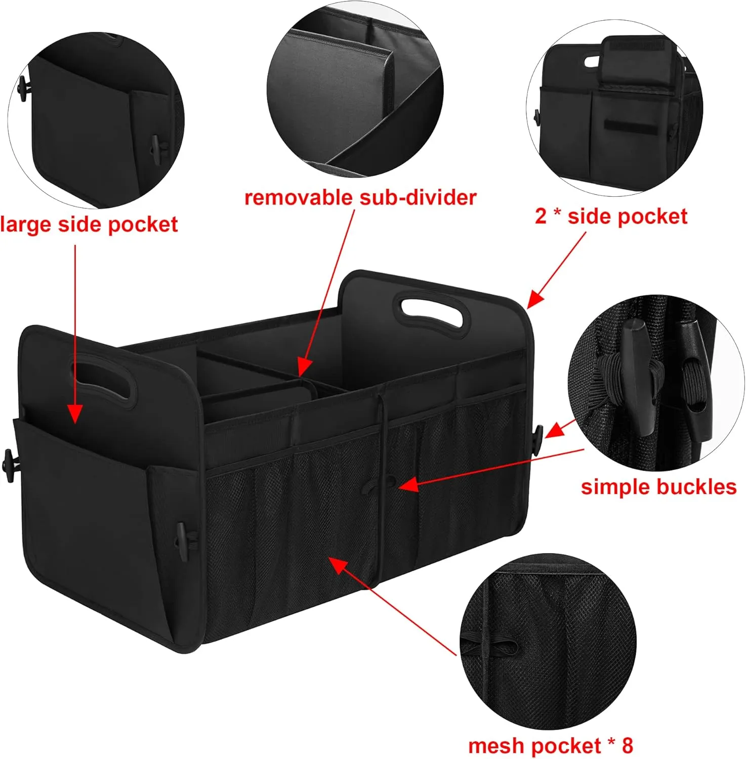 Femuar Trunk Organizer,Storage Organizer with 72L Large Capacity Waterproof Collapsible and 11 Pockets,Organizer for Car Suv/Jeep/Sedan, Large Size, Black