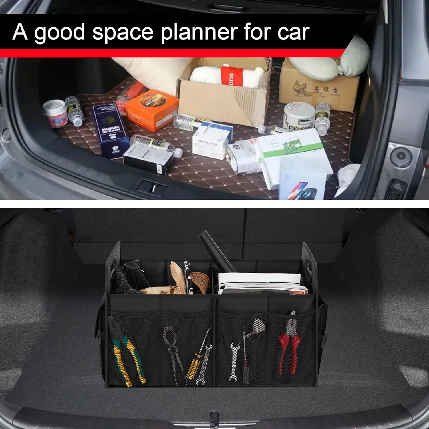 Femuar Trunk Organizer,Storage Organizer with 72L Large Capacity Waterproof Collapsible and 11 Pockets,Organizer for Car Suv/Jeep/Sedan, Large Size, Black