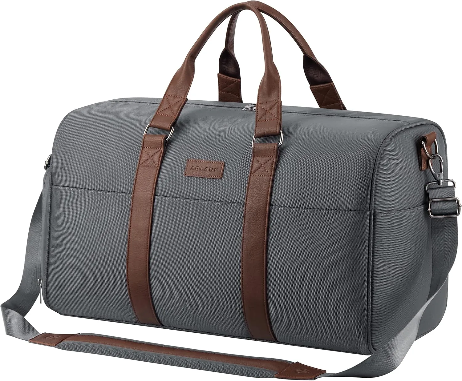 Feriado 45L Travel Duffel Bag - Water Repellent 1680D Ballistic Polyester - Weekender, Overnight, Gym, Carry On Luggage with Shoe Compartment - Grey/Brown