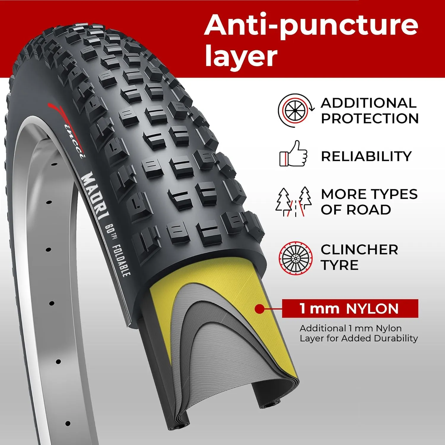 Fincci Maori 29 x 2.25 Inch Bike Tire Foldable 57-622 60 TPI with Nylon Protection for Mountain Enduro Gravel MTB Hybrid Bicycle