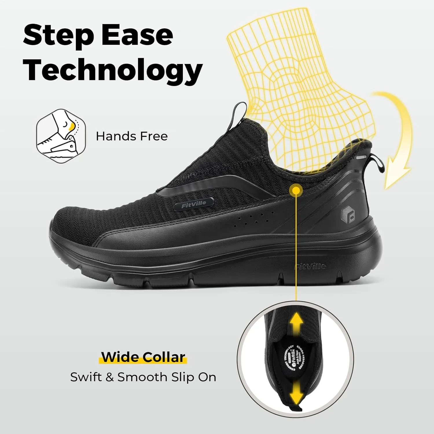 FitVille Men's Extra Wide Slip on Walking Shoes with Arch Support Men Slip on Sneakers for Foot Pain Relief-Stepease V2