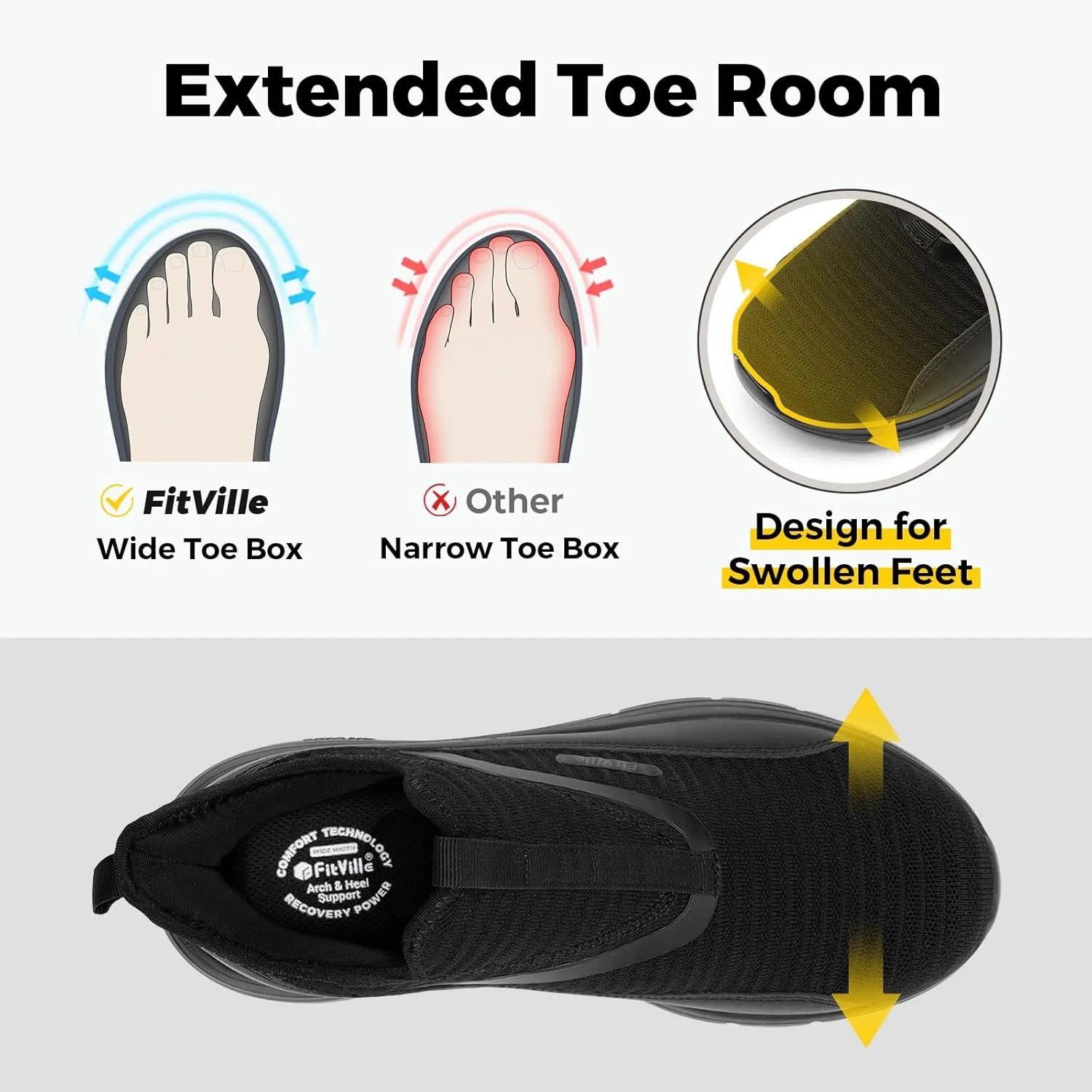 FitVille Men's Extra Wide Slip on Walking Shoes with Arch Support Men Slip on Sneakers for Foot Pain Relief-Stepease V2