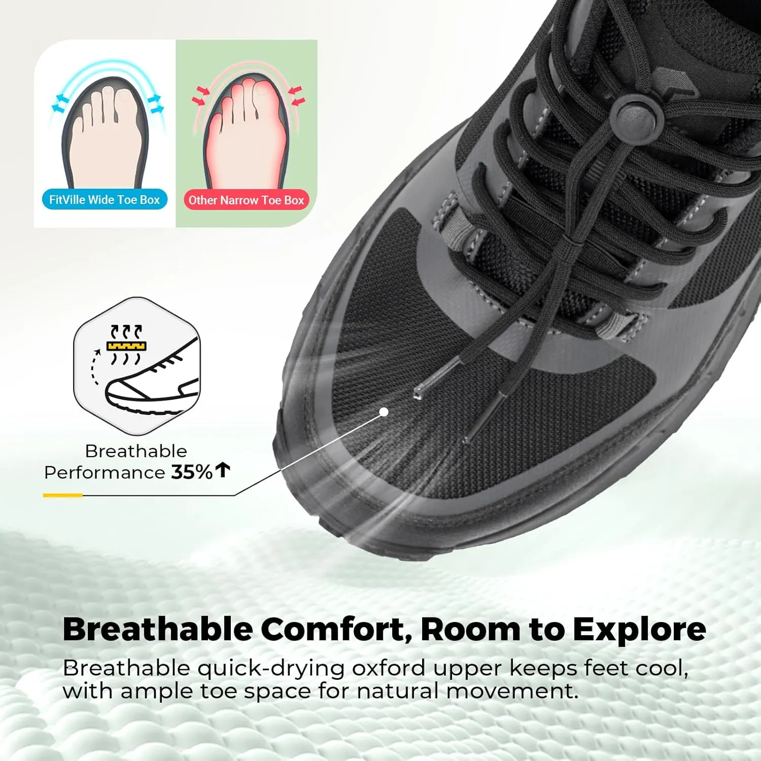 FitVille Men's Wide Toe Box Hiking Shoes, Slip-On Trail Sneakers with Quick Lace, Arch Support & Non-Slip LugMax Sole for Walking, Trekking & Outdoor