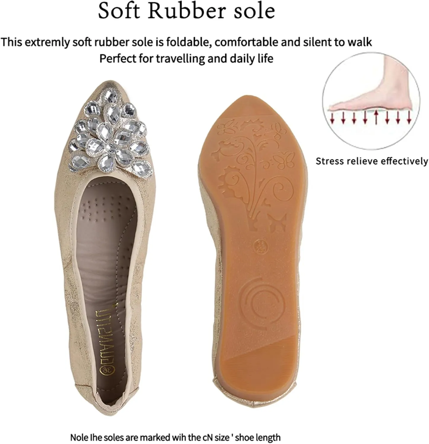 Flats Shoes for Women Rhinestone Wedding Ballerina Shoes Foldable Sparkly Comfort Slip on Flat Dressy Flats