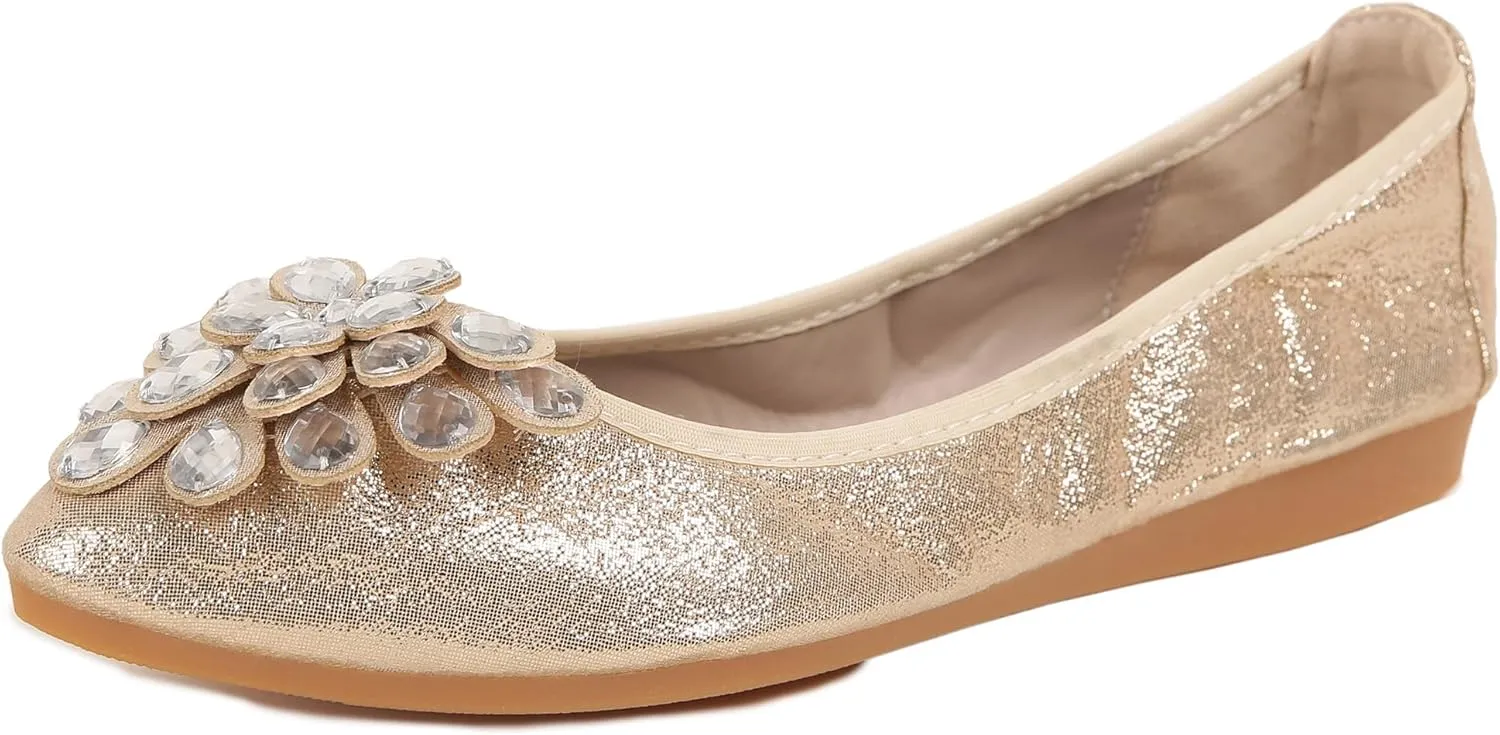 Flats Shoes for Women Rhinestone Wedding Ballerina Shoes Foldable Sparkly Comfort Slip on Flat Dressy Flats