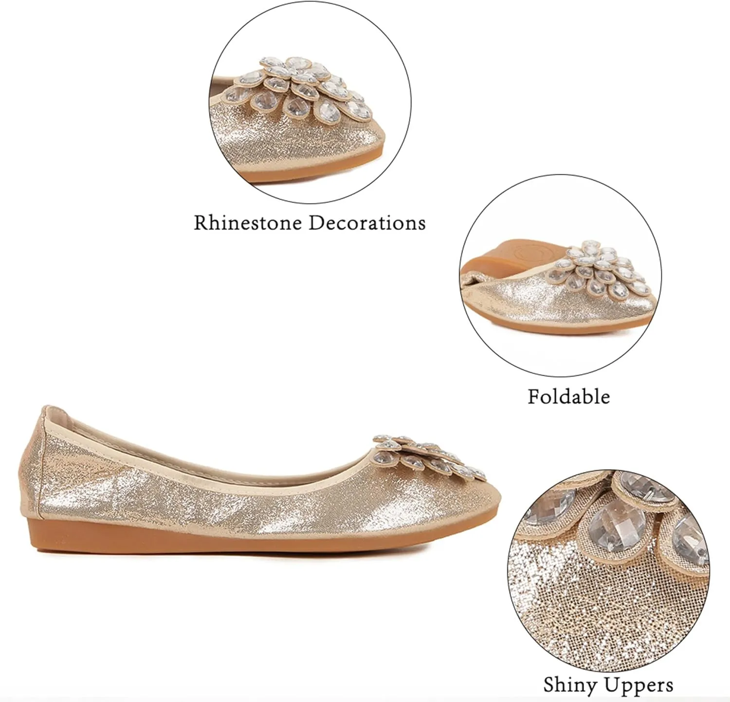 Flats Shoes for Women Rhinestone Wedding Ballerina Shoes Foldable Sparkly Comfort Slip on Flat Dressy Flats