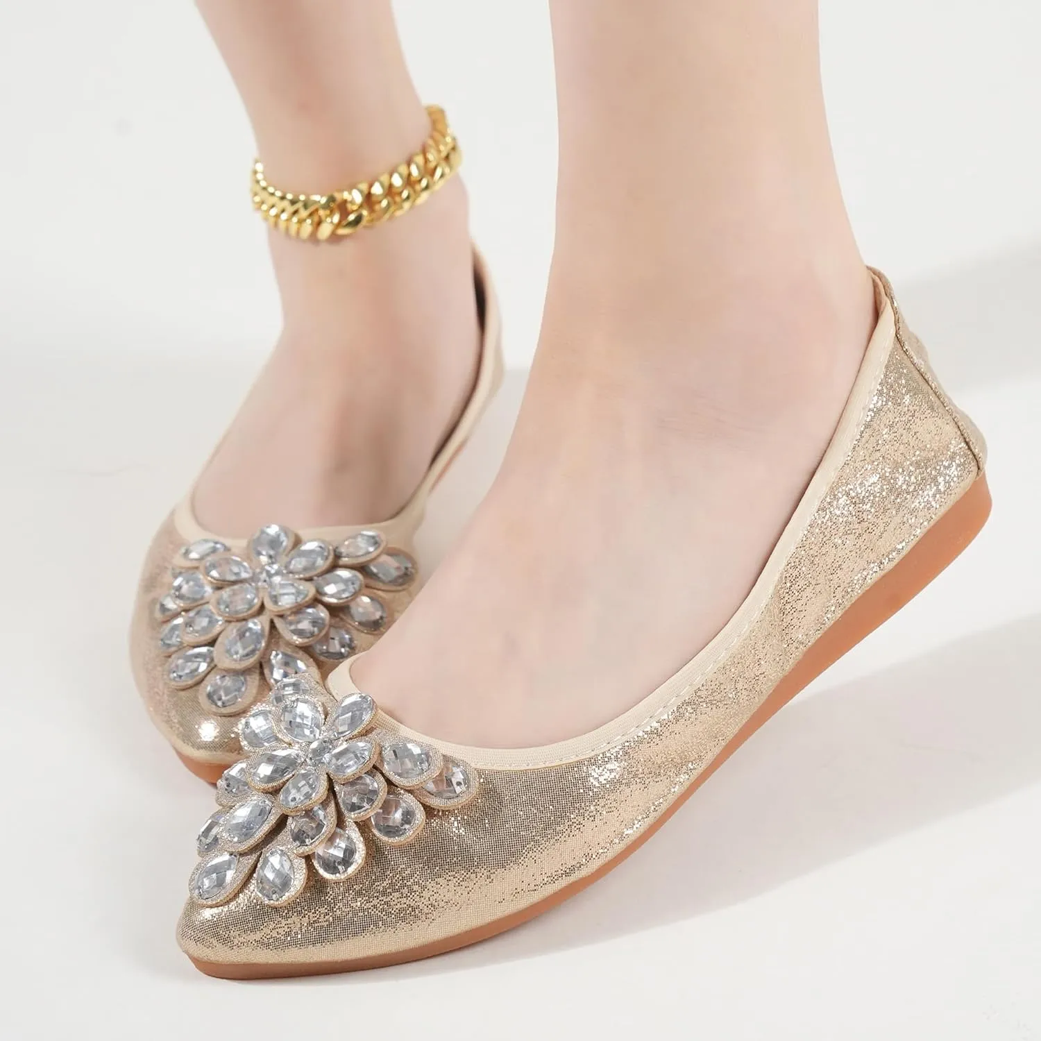 Flats Shoes for Women Rhinestone Wedding Ballerina Shoes Foldable Sparkly Comfort Slip on Flat Dressy Flats