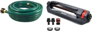 Flexon 75ft Green Garden Hose and Eden Oscillating Sprinkler Covers 3600 sq ft Lawn