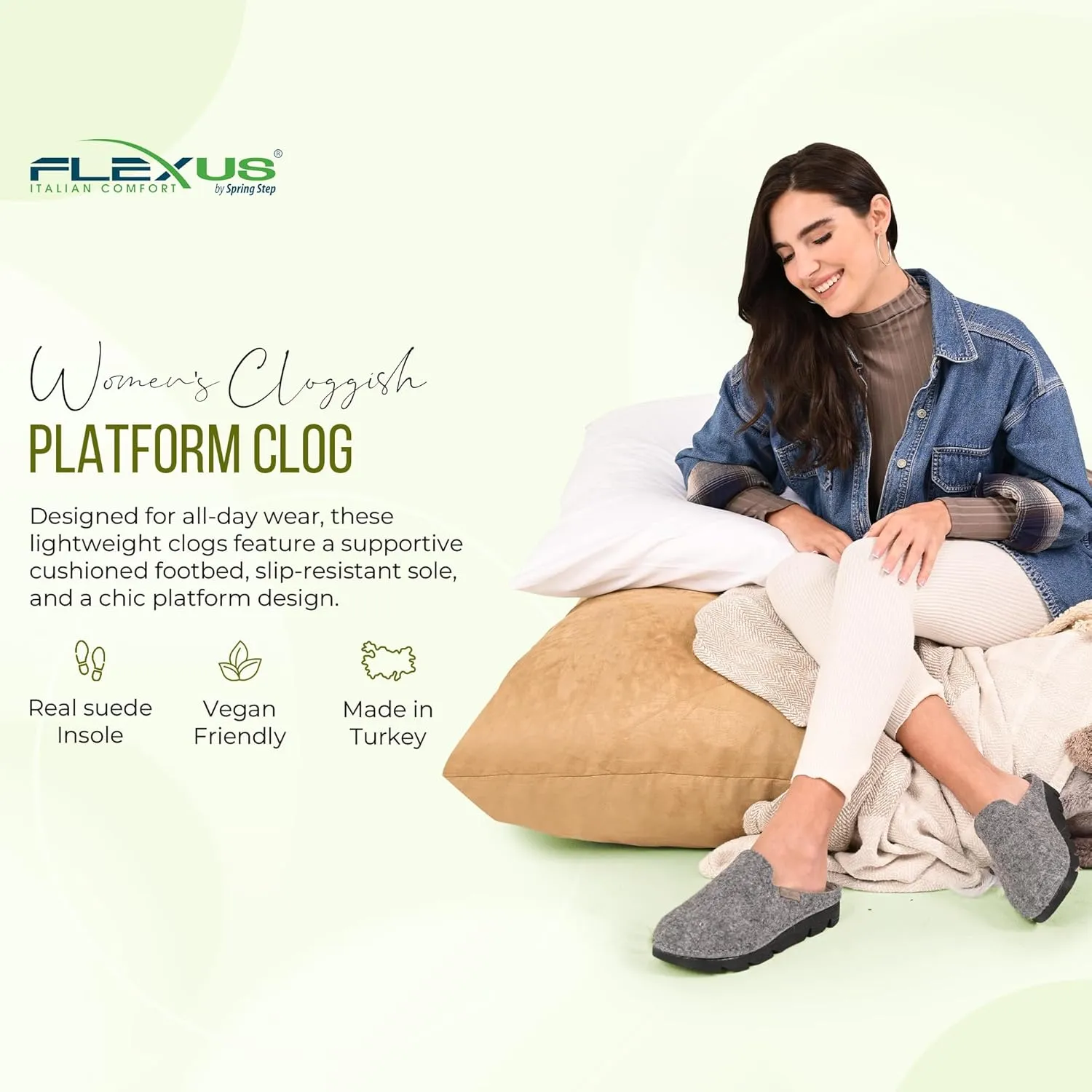 Flexus Spring Step Cloggish Platform Clogs for Women - Wool Felt Round Toe Slippers - Ladies Casual Shoes for Everyday Wear