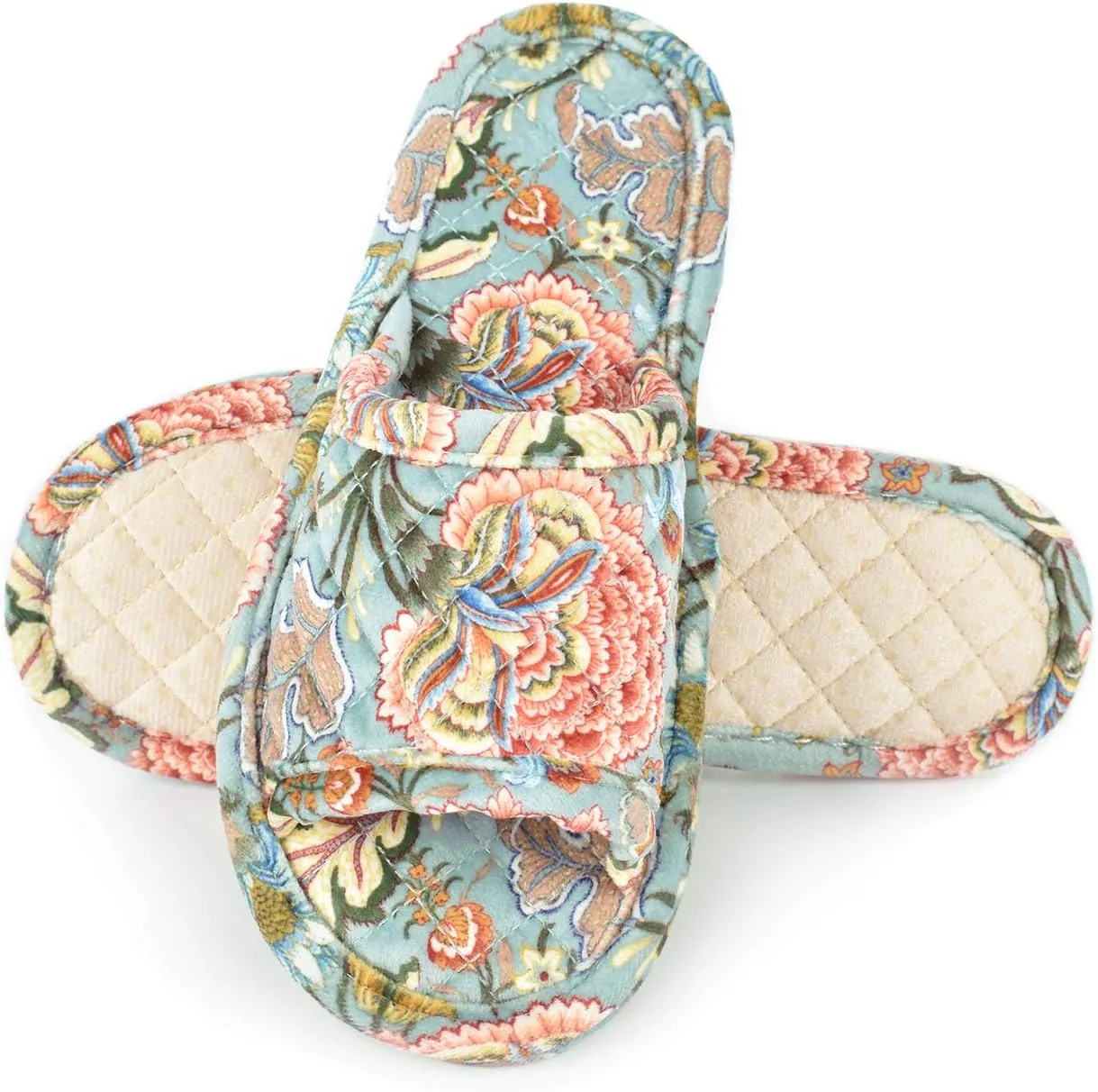 Floral Velvet House Slippers for Women, Lightweight Open Toe Washable Portable Foldable Comfortable Guest Hotel Travel Airplane Spa Slippers