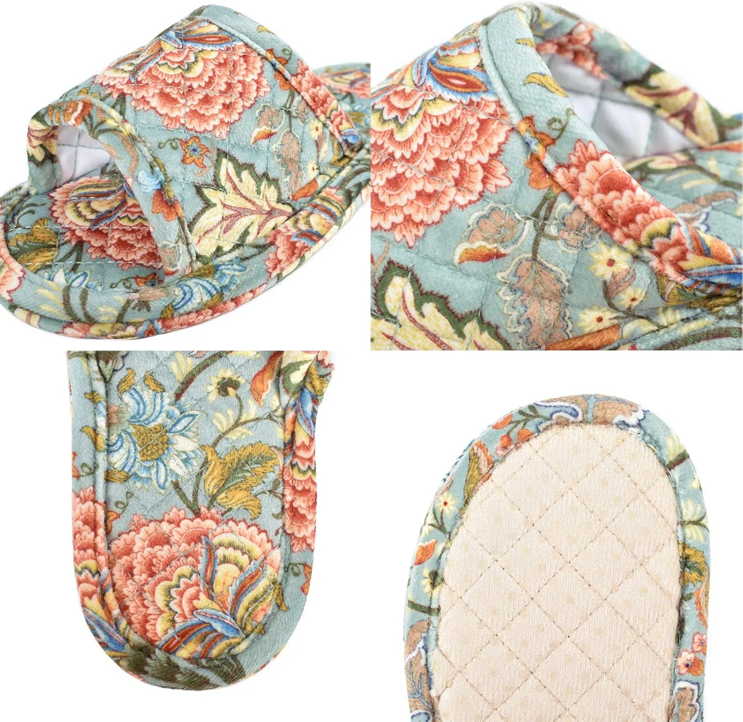 Floral Velvet House Slippers for Women, Lightweight Open Toe Washable Portable Foldable Comfortable Guest Hotel Travel Airplane Spa Slippers