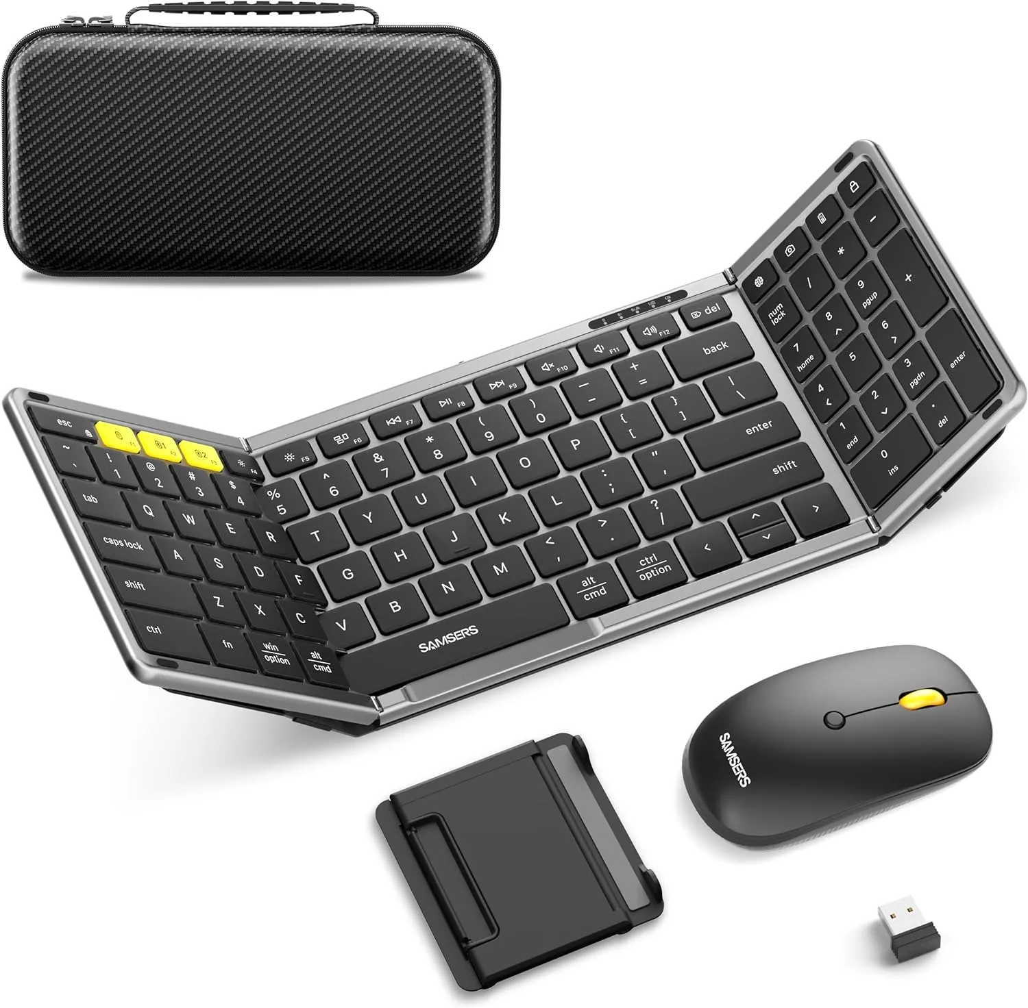 Foldable Keyboard and Mouse, Samsers Folding Bluetooth Keyboard Combo, 2.4G   BT5.0 x 2, Full-Size Portable Travel Keyboard & USB-C Rechargeable Wireless Mouse for Windows Android iOS Mac OS