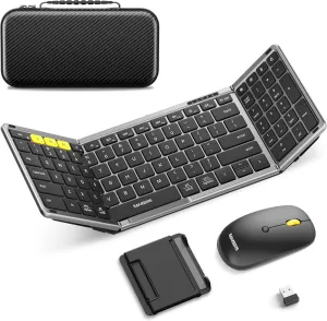 Foldable Keyboard and Mouse, Samsers Folding Bluetooth Keyboard Combo, 2.4G   BT5.0 x 2, Full-Size Portable Travel Keyboard & USB-C Rechargeable Wireless Mouse for Windows Android iOS Mac OS