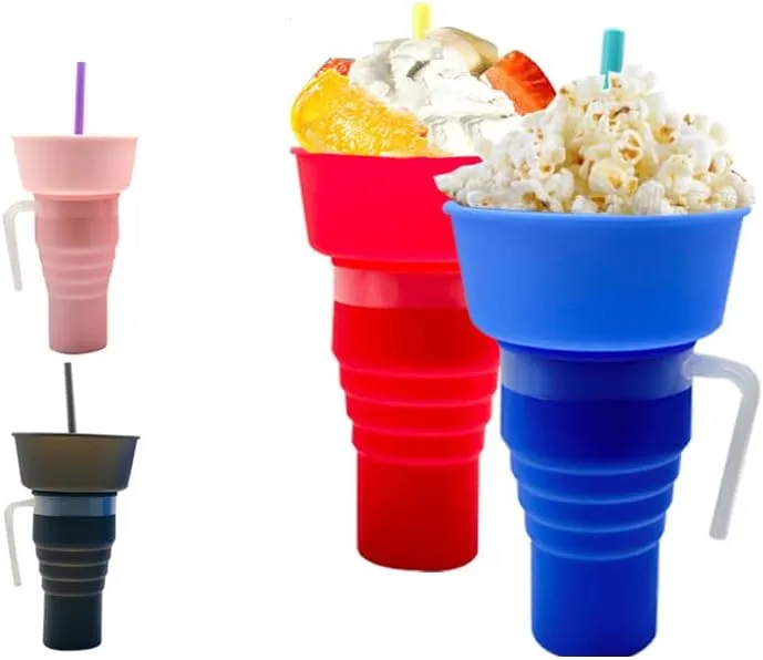 Foldable Snack Cup - Ideal Choice for Family Movie Nights - Multipurpose Water Bottle with Popcorn Holder - Convenient and Portable Travel Essential - Food-Grade Material for Hygienic and Safe (black)